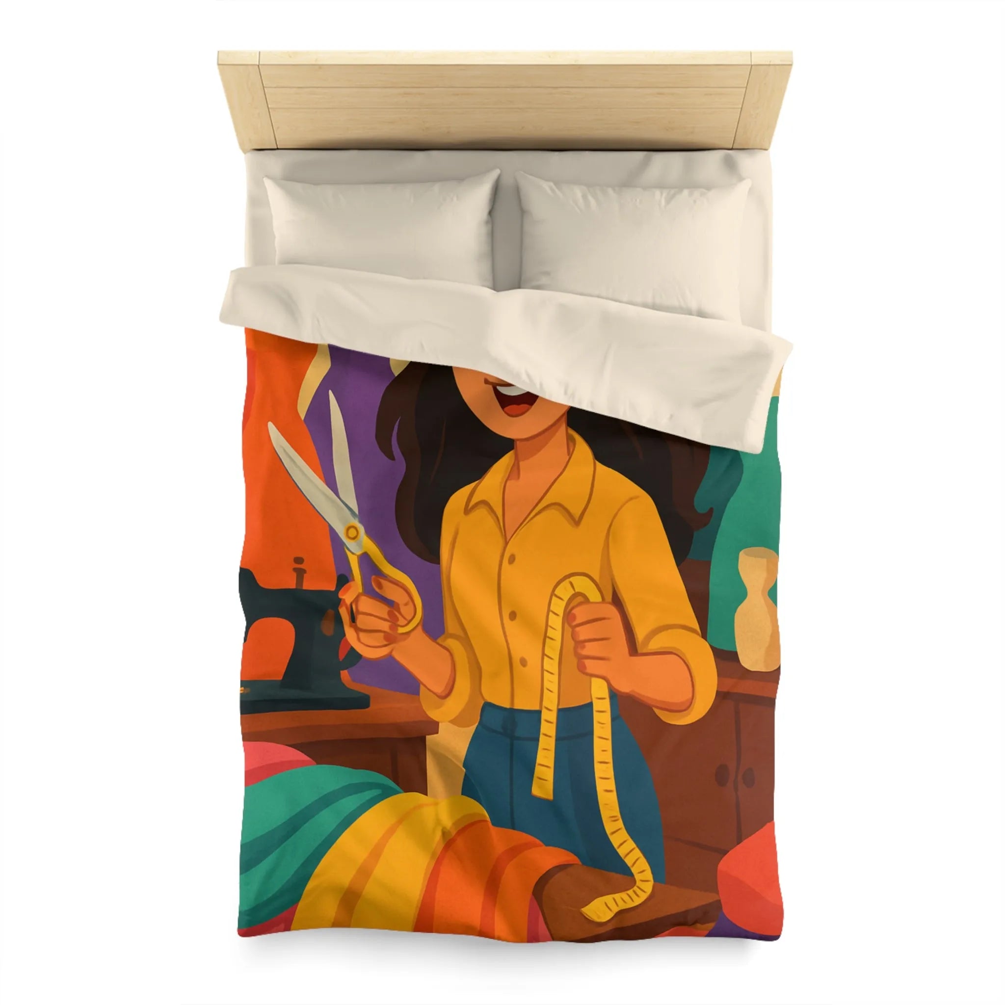 Housse de couette colorée avec motifs de couturière, outils et mannequins élégants