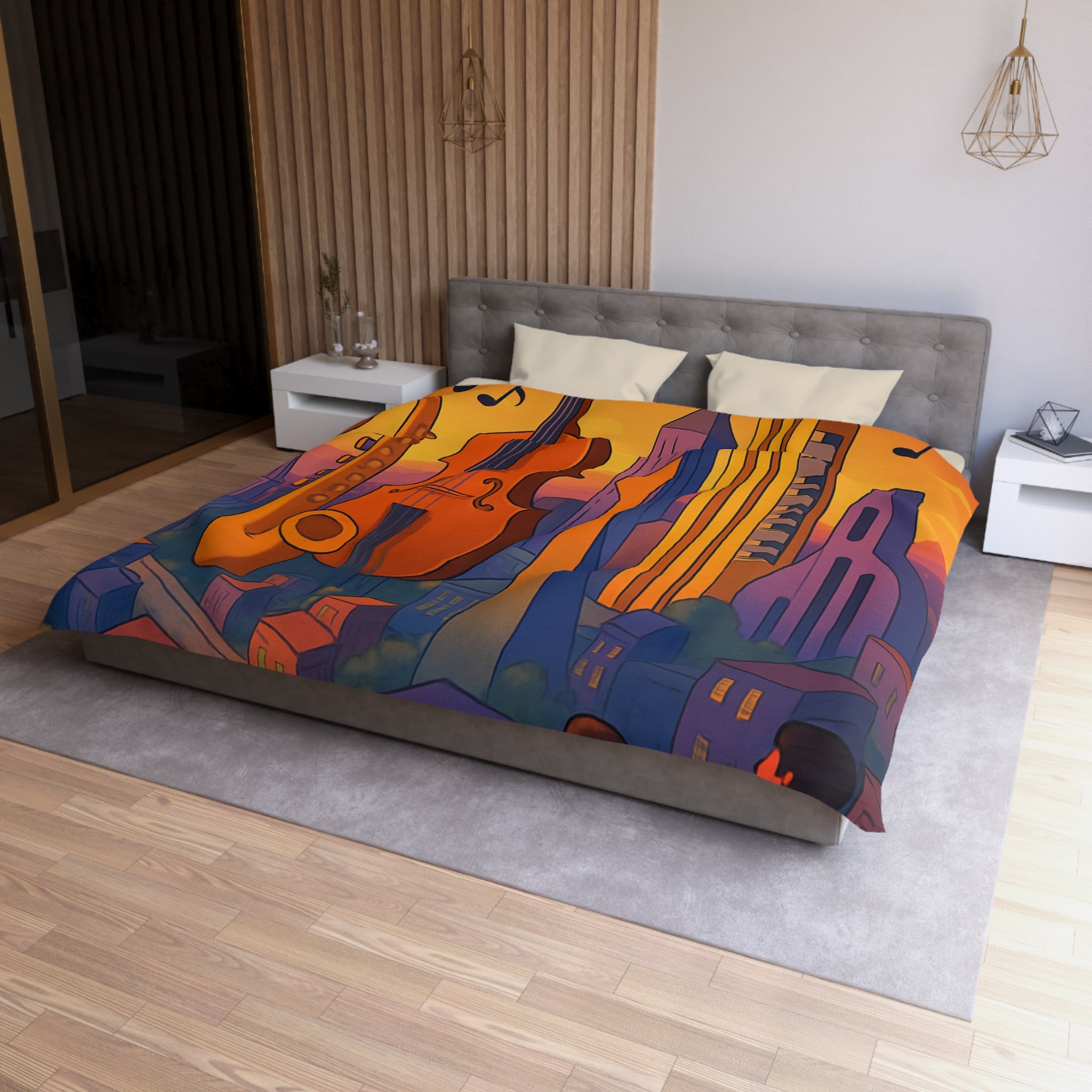 Housse de couette urbaine avec des instruments géants flottant au coucher de soleil vibrant