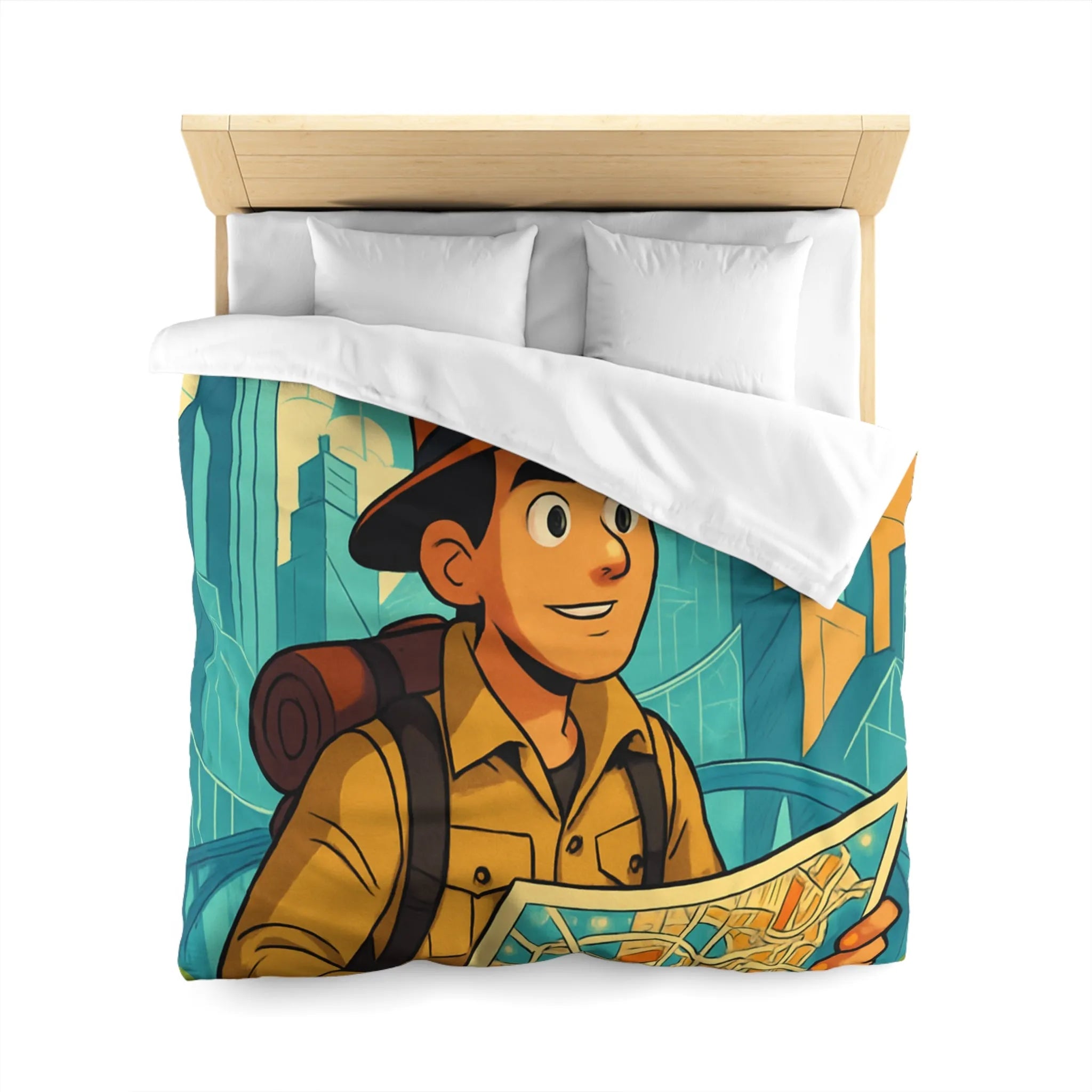 Découverte urbaine vibrante : jeune explorateur avec carte et gratte-ciels illustrés