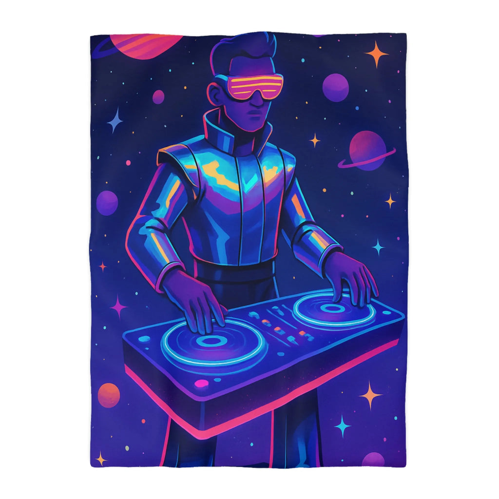 Housse de couette DJ futuriste avec planètes et éclat de néon dans l'espace