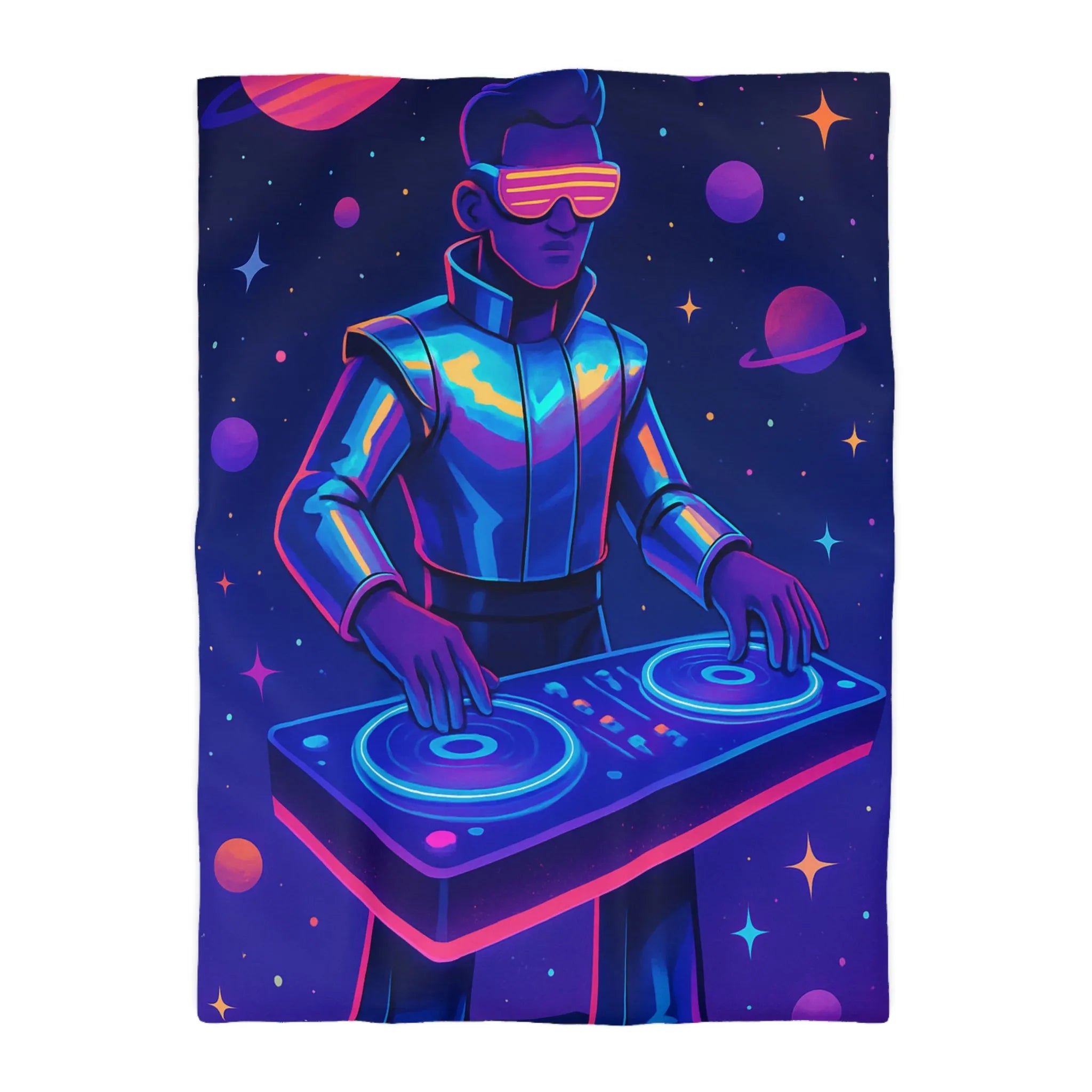 Housse de couette DJ futuriste avec planètes et éclat de néon dans l'espace