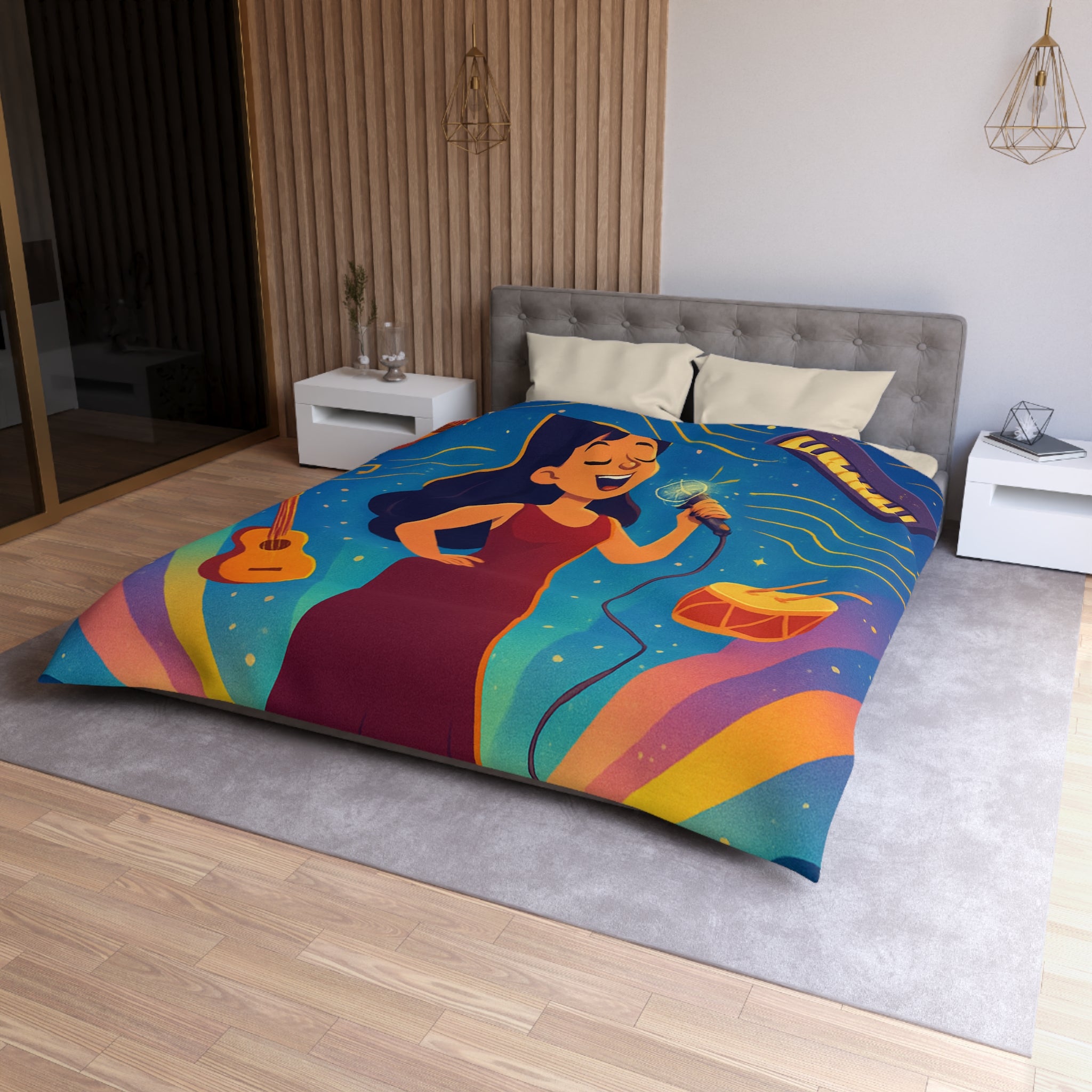 Housse de couette vibrante avec scène musicale, chanteuse et instruments illustrés colorés