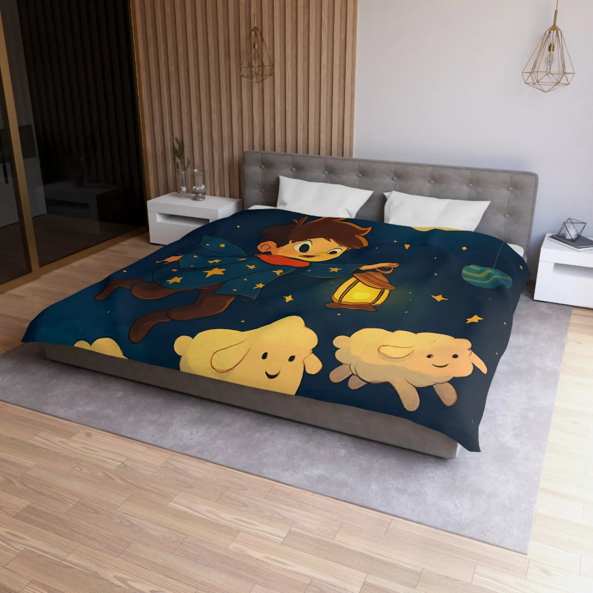 Housse de couette enfant rêveur avec étoiles, lune et moutons volants mignons