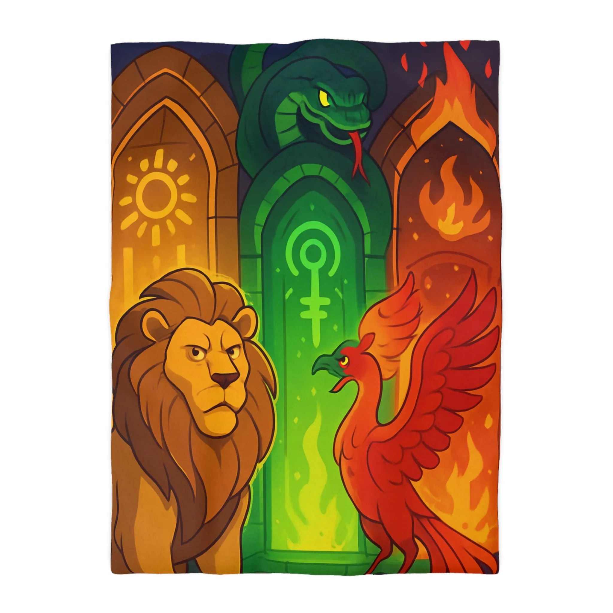 Housse de couette avec motifs lion, serpent et phénix sur fond médiéval magique