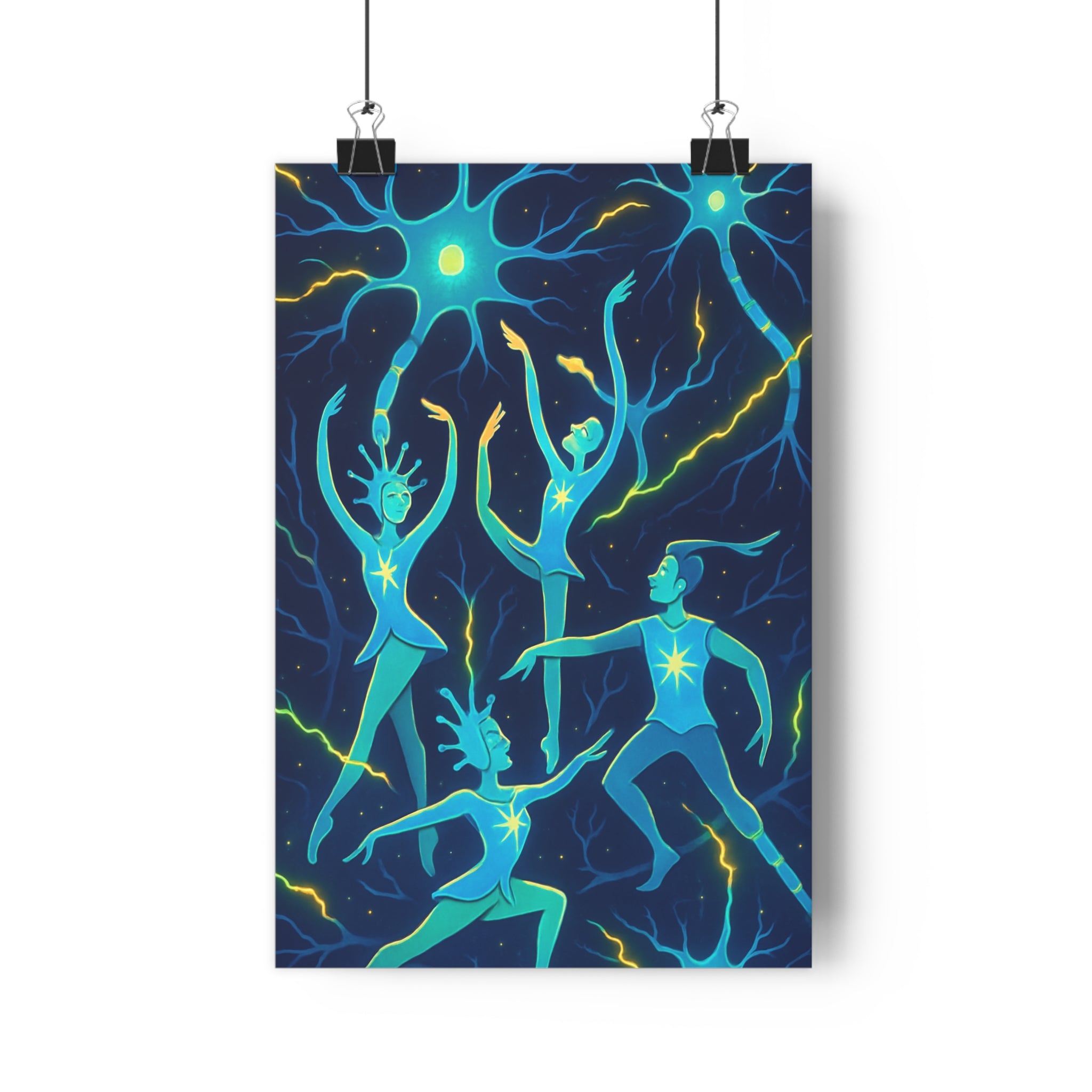 Poster décoratif abstrait bleu vert jaune dynamique bureau étude moderne danse neurones lumineux qualité