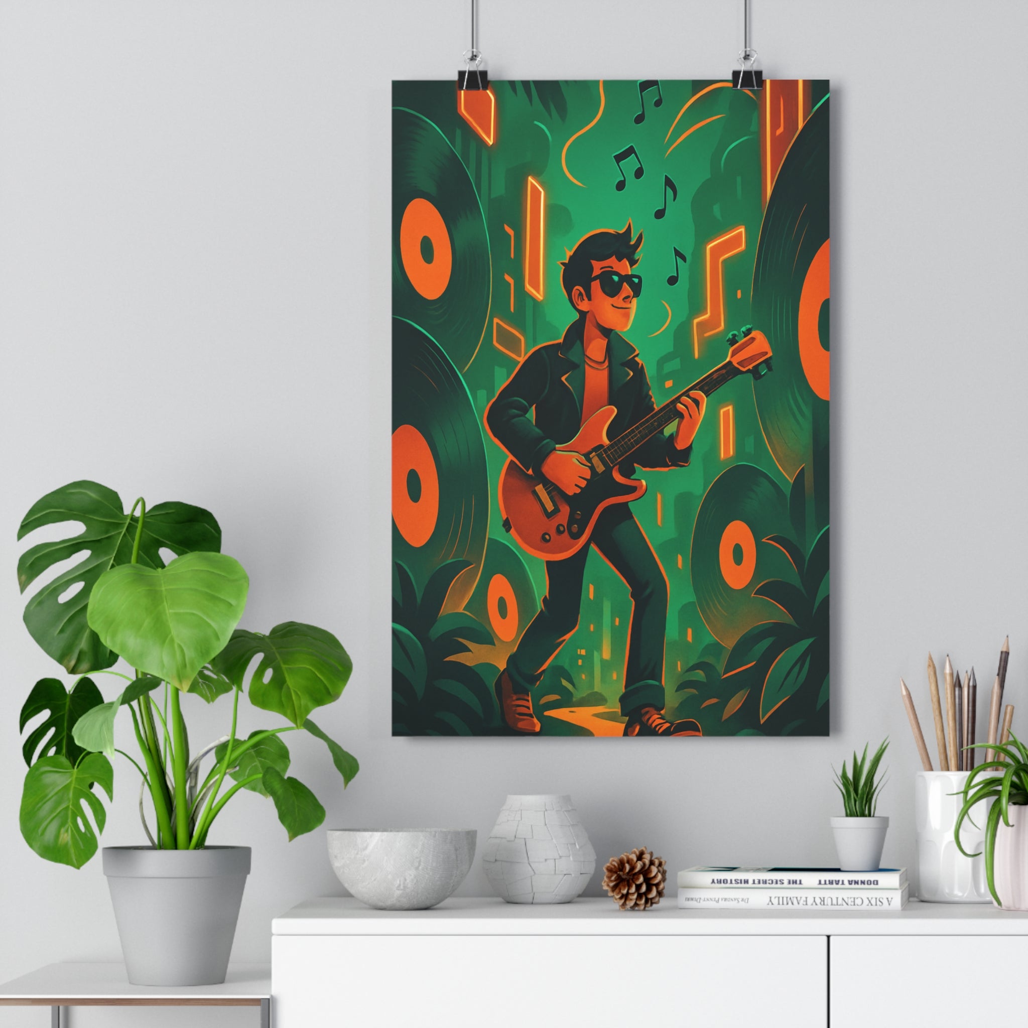 Poster décoratif aventurier cartoon vert orange chambre moderne dynamique musique ambiance vinyle studio guitare