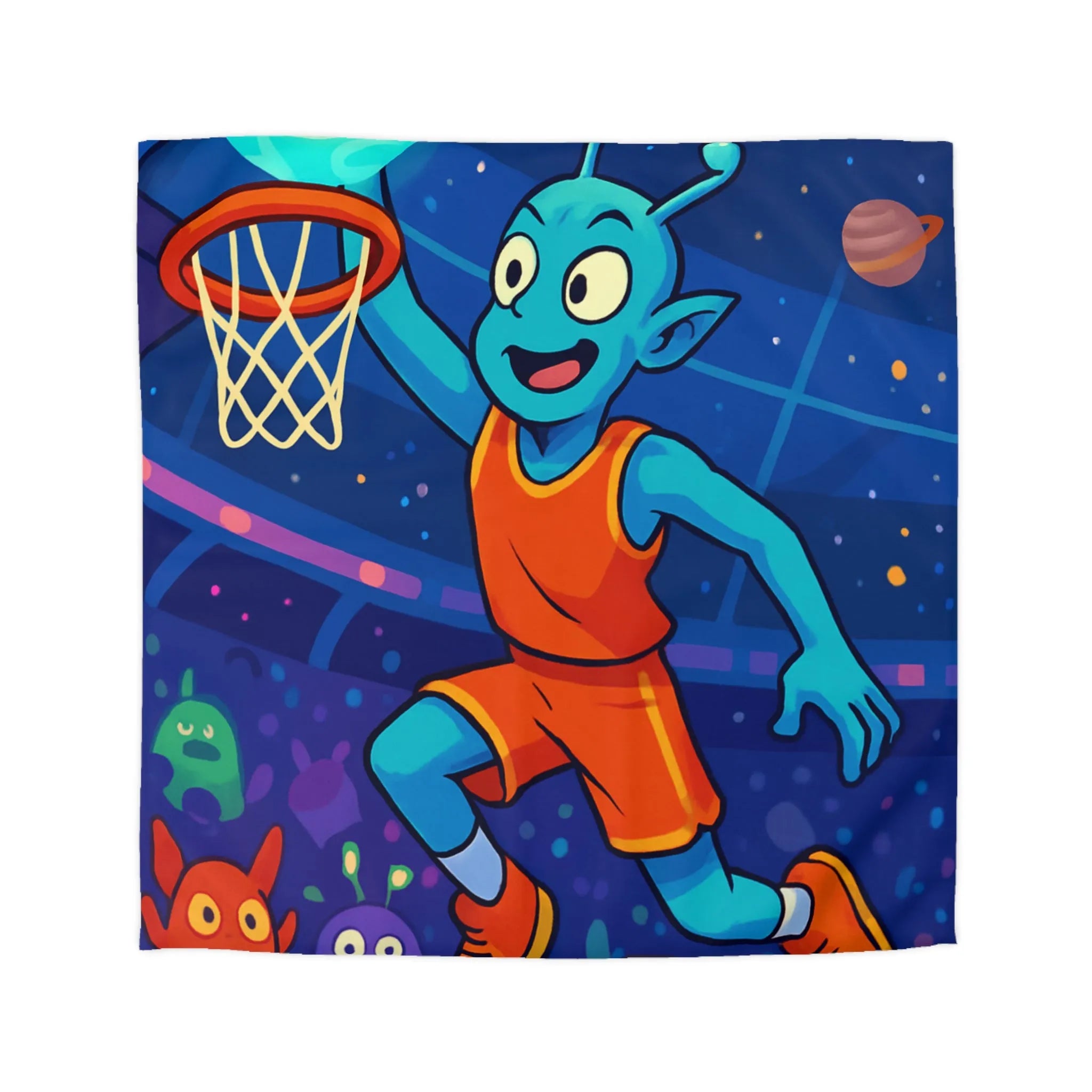 Housse de couette extraterrestre avec joueur de basket sous ciel planétaire coloré et vibrant