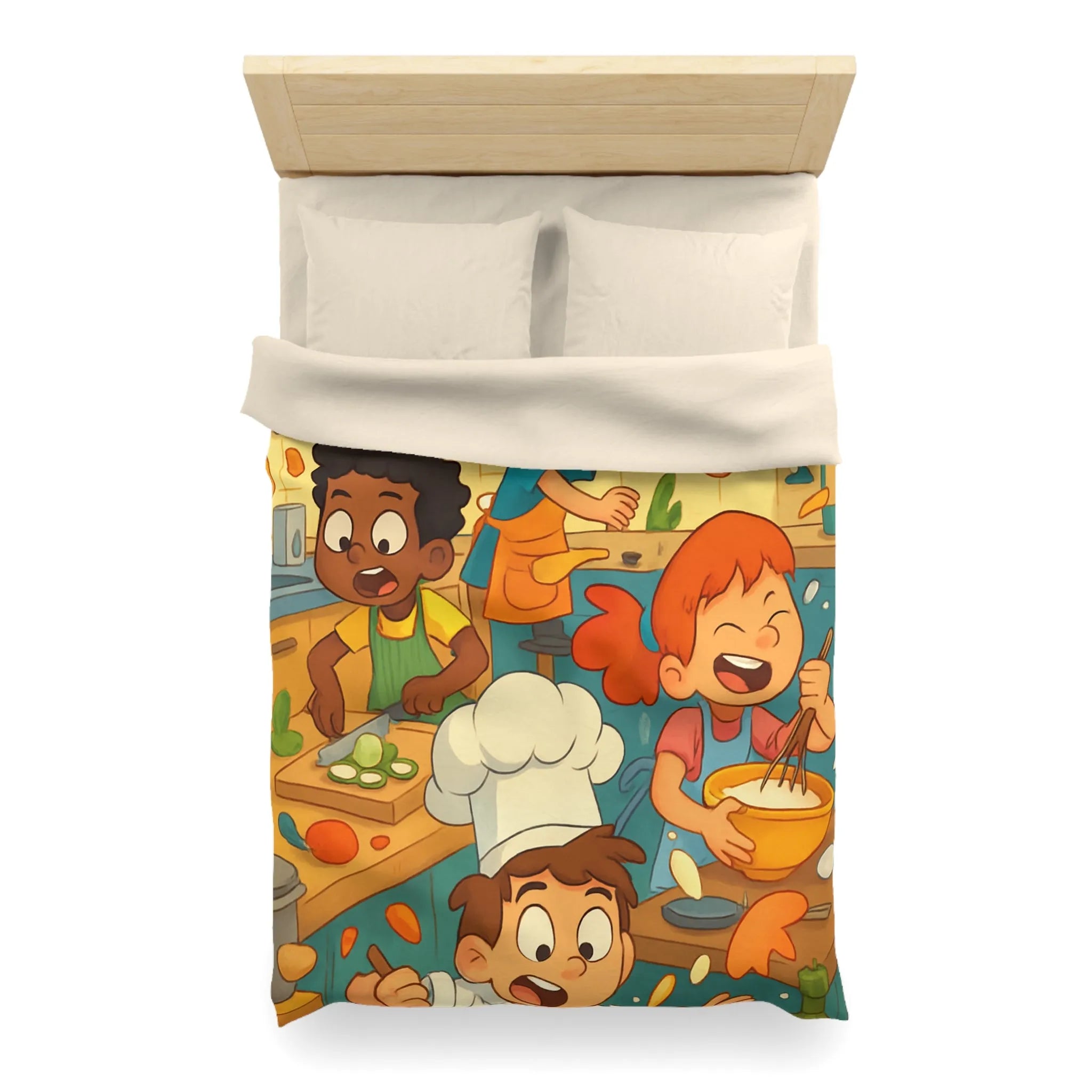 Housse de couette illustrée cuisine enfants joyeux couleurs vives spatule éclaboussures légumes