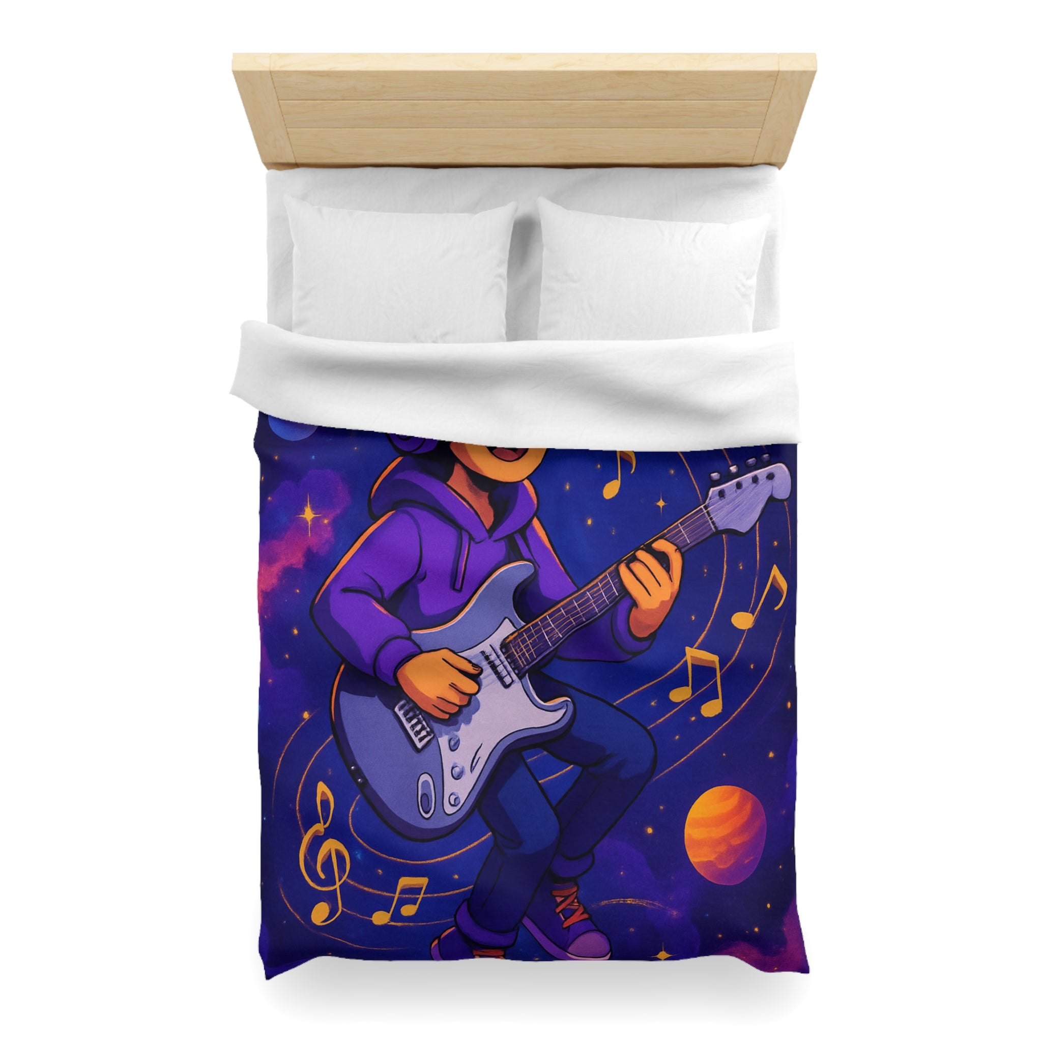 Housse de couette musicale avec planète, guitare et ciel cosmique coloré, ambiance rêveuse