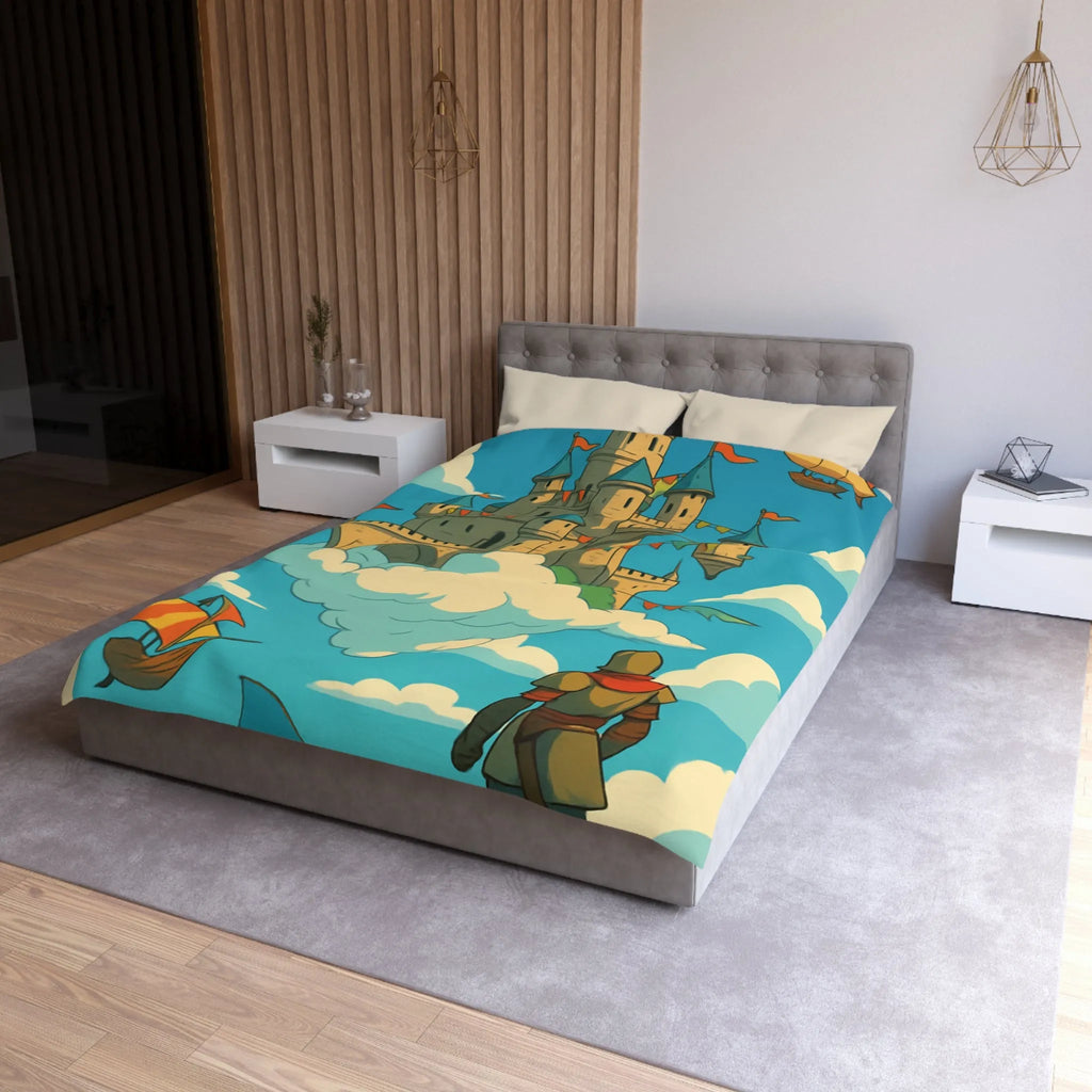 Housse de couette avec château flottant dans le ciel, style fantaisie aventure.