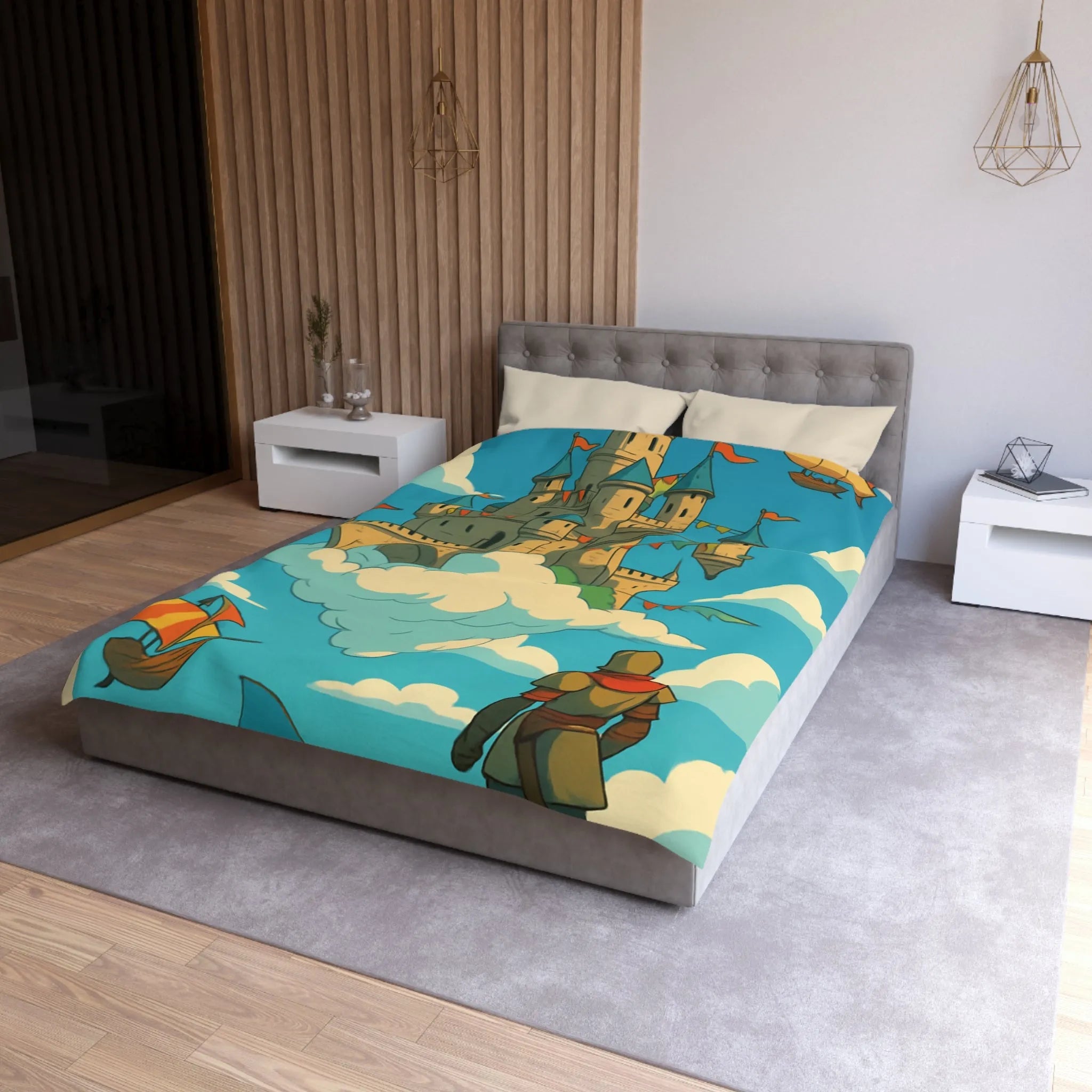 Housse de couette avec château flottant dans le ciel, style fantaisie aventure.