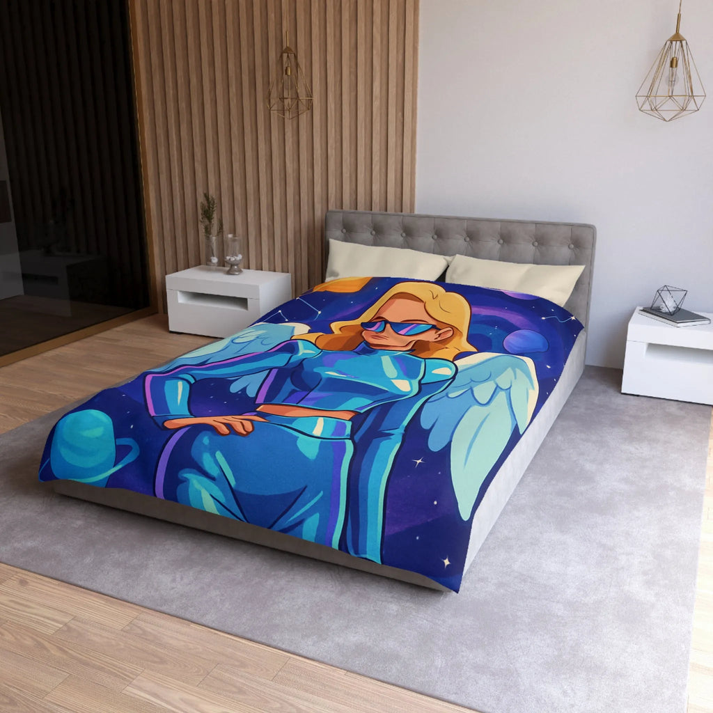 Housse de couette galactique avec ange moderne et planètes, style futuriste coloré