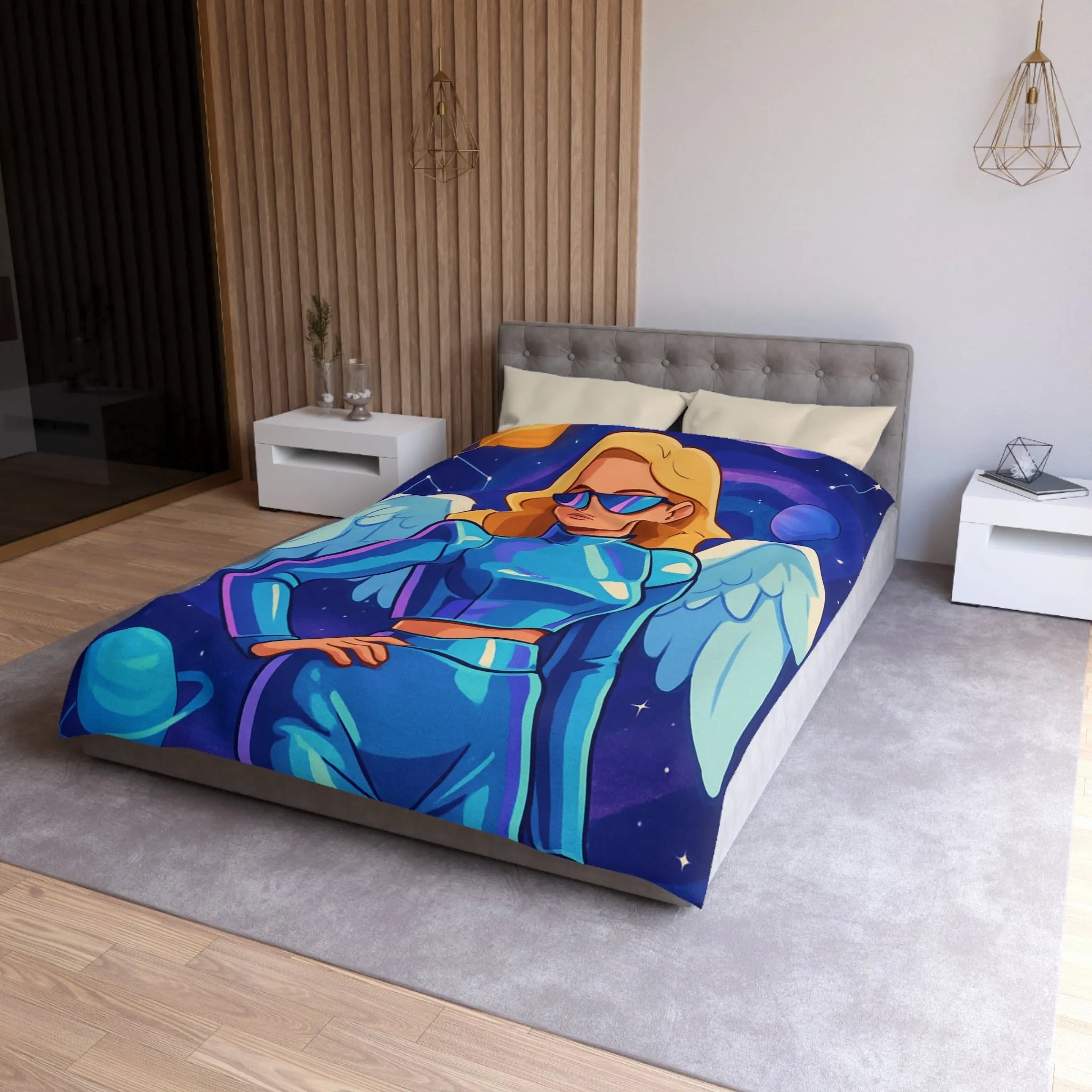 Housse de couette galactique avec ange moderne et planètes, style futuriste coloré
