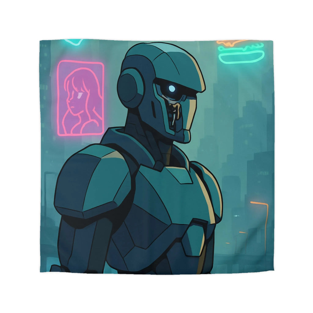 Futuristic Dystopian Cityscape with Neon Lights and Robotic Figure for Bedding Decor
