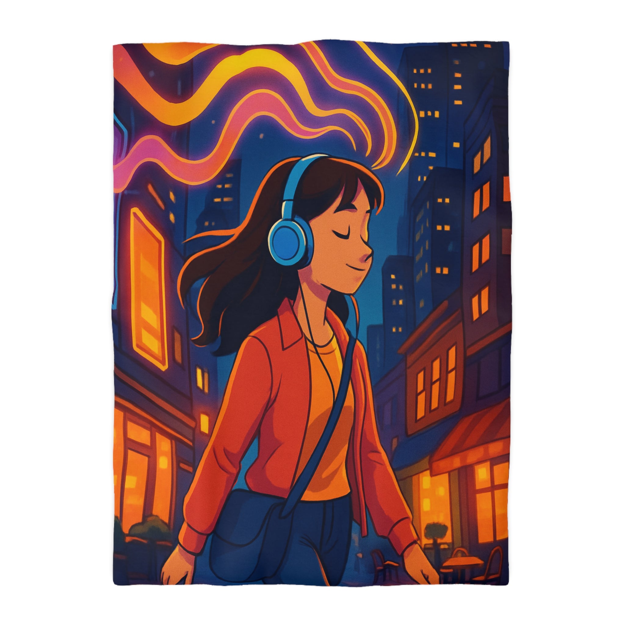 Housse de couette urbaine avec illustration vibrante de nuit et ambiance musicale