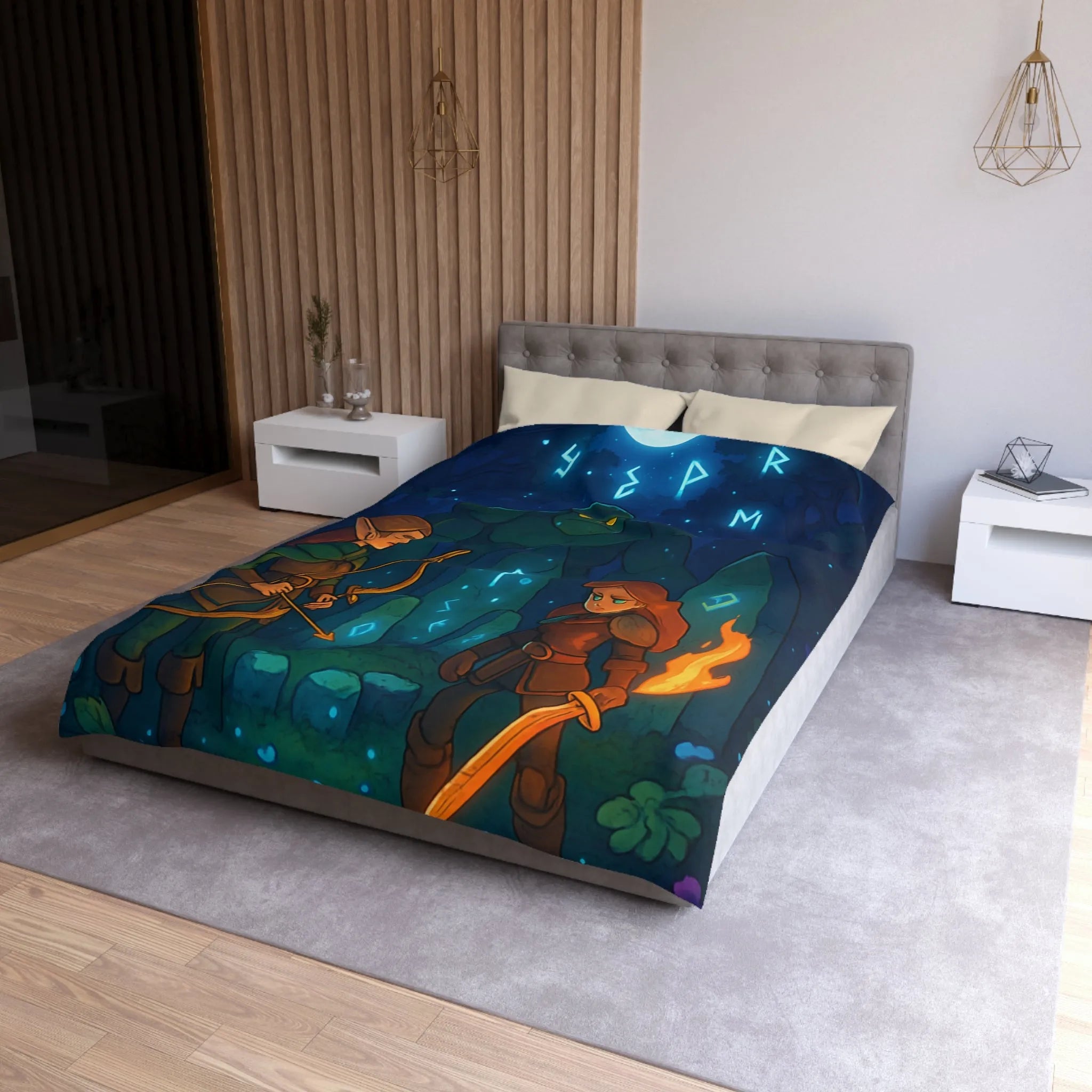 Housse de couette avec illustration de forêt mystique illuminée par runes magiques et lune