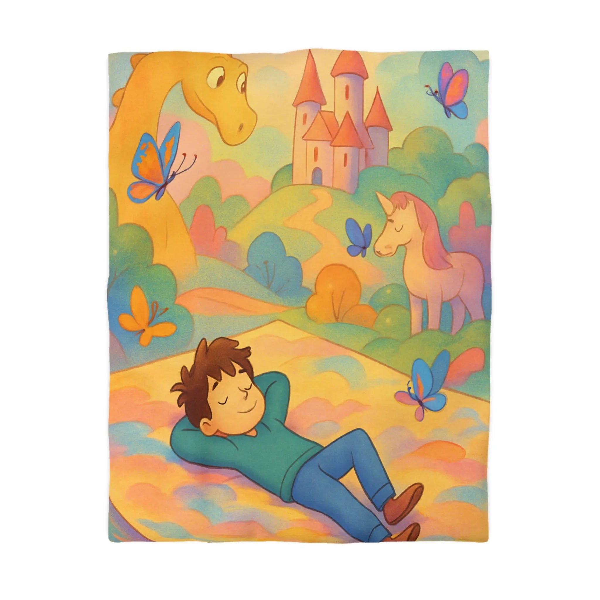 Housse de couette enfant dragon, licorne et château dans un décor féerique coloré