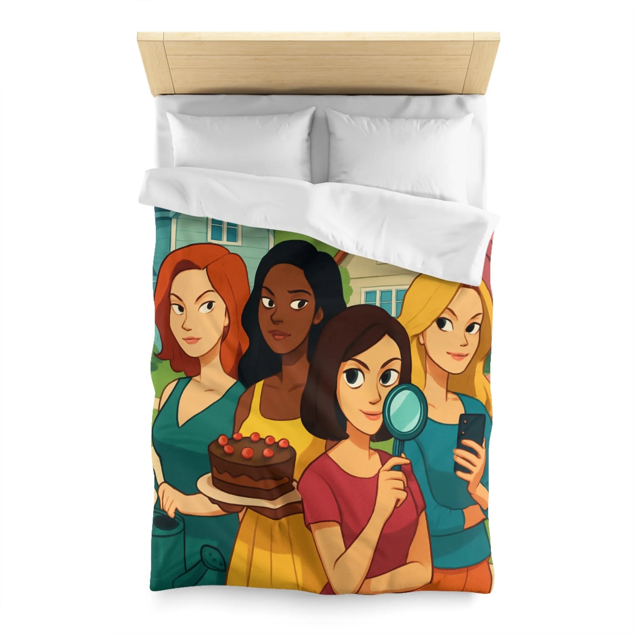 Housse de Couette Illustrée Fête Femme Jardin avec Loupe Gâteau et Téléphone