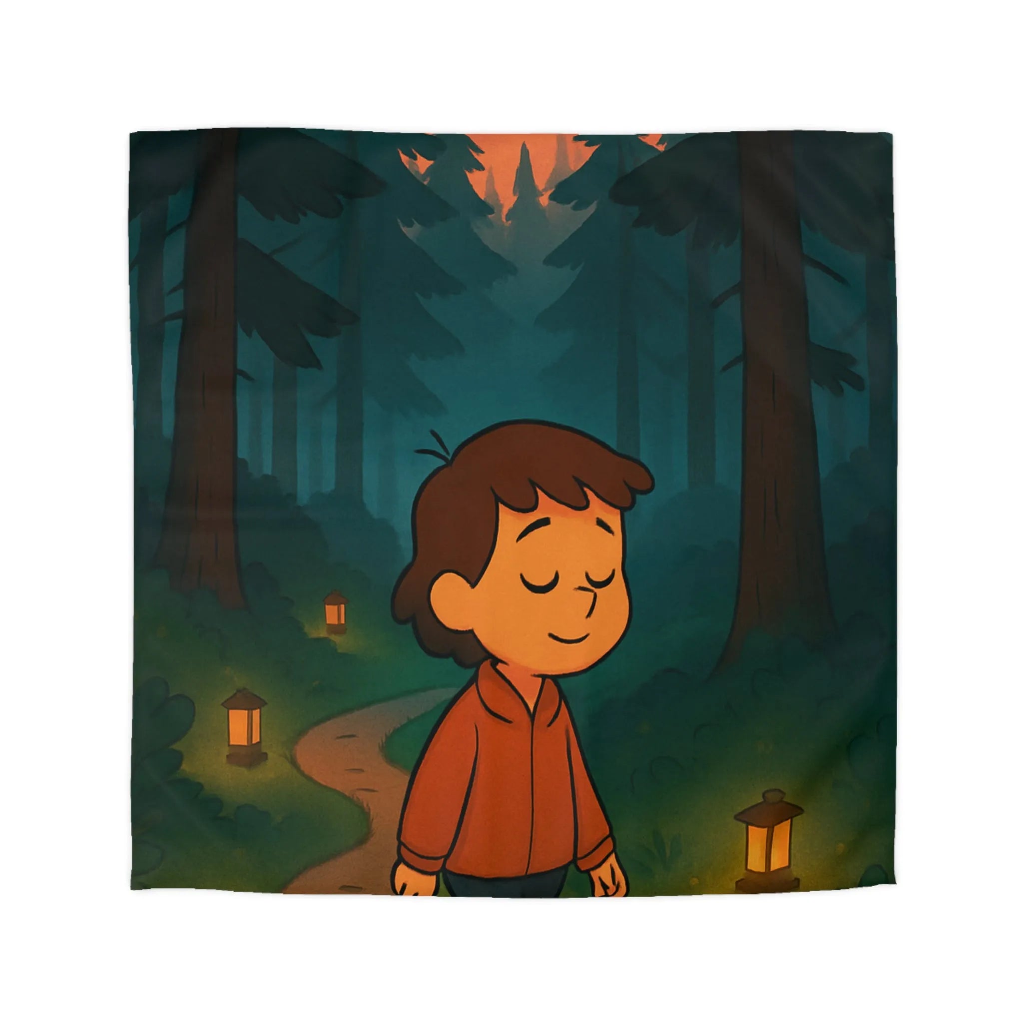 Housse de couette enfantine avec décor paisible de forêt au crépuscule pleine de lanternes