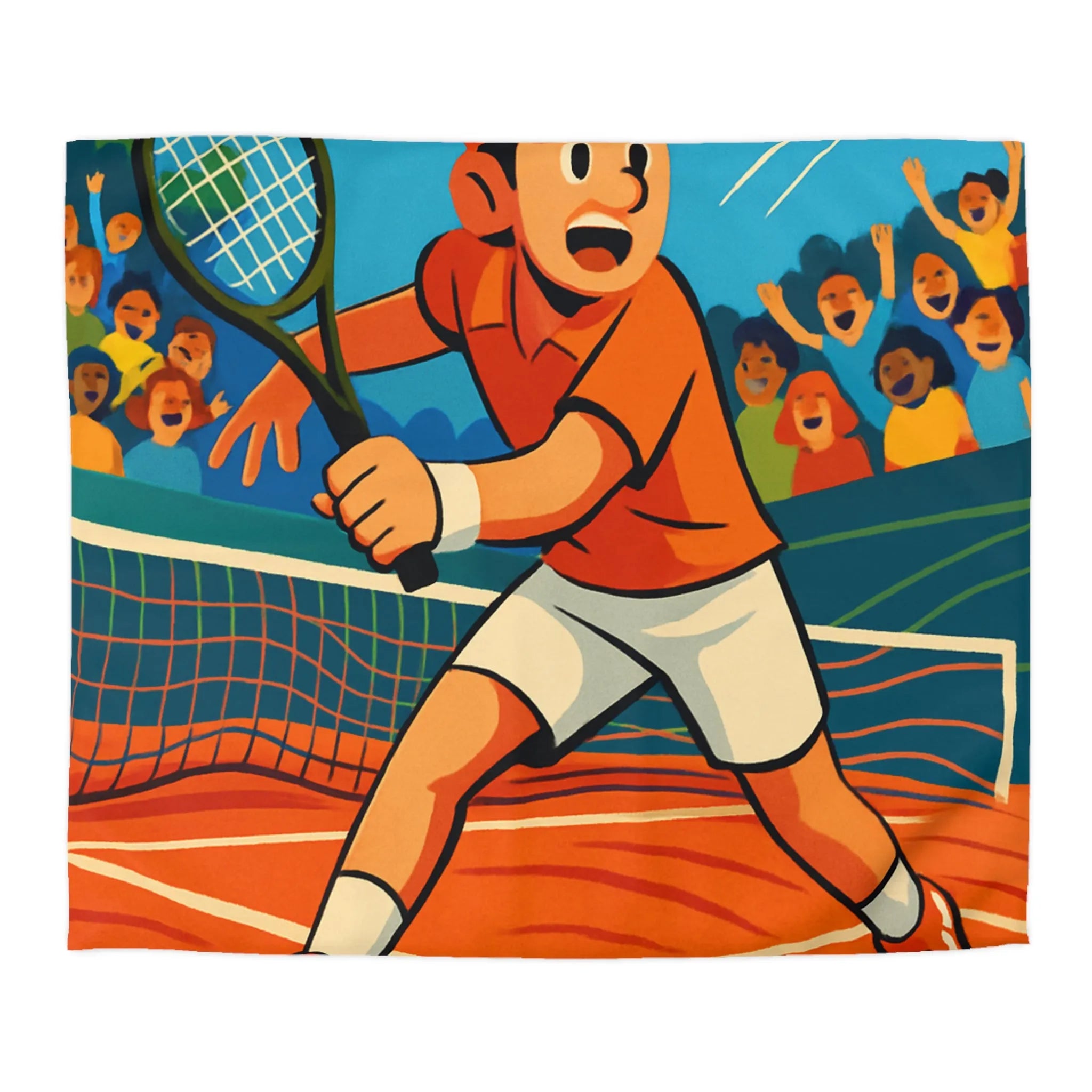 Dessin Animé Joueur de Tennis Dynamique en Action sur Court avec Public Enthousiaste