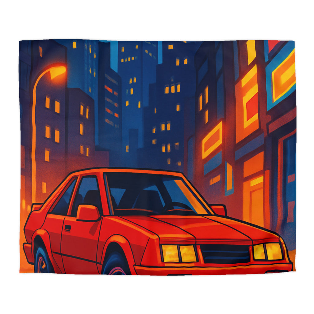 Housse de couette urbaine rétro avec voiture rouge lueur nocturne vibrante