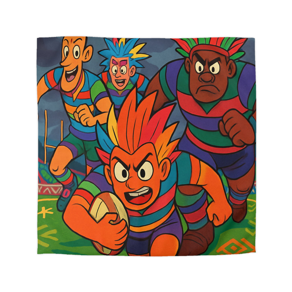 Parure de lit colorée avec joueurs de rugby en style bande dessinée pour enfant