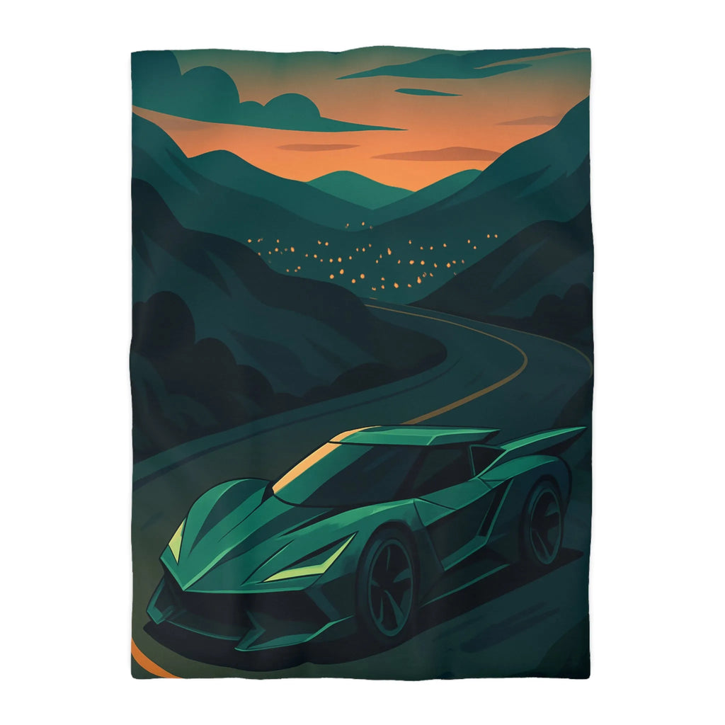 Housse de couette design voiture de sport moderne sur route sinueuse au crépuscule