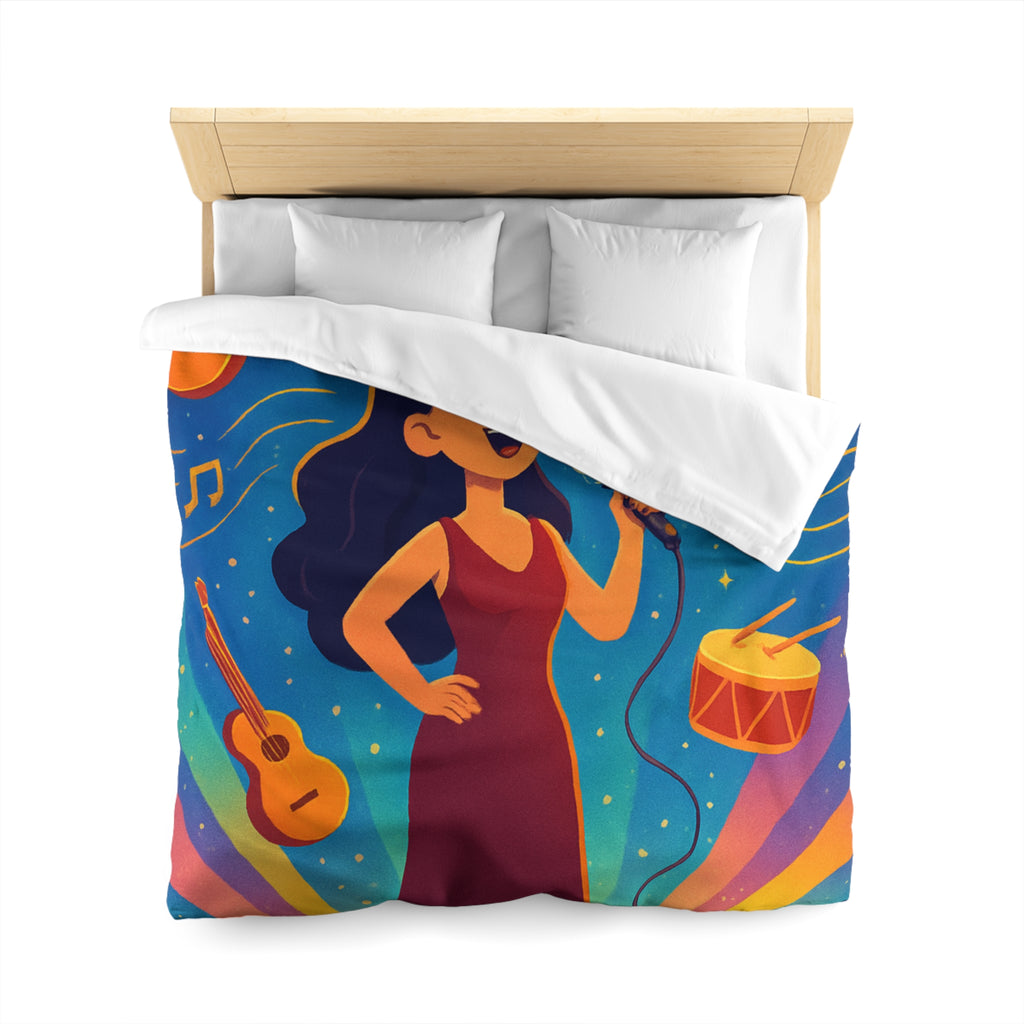 Housse de couette vibrante avec scène musicale, chanteuse et instruments illustrés colorés