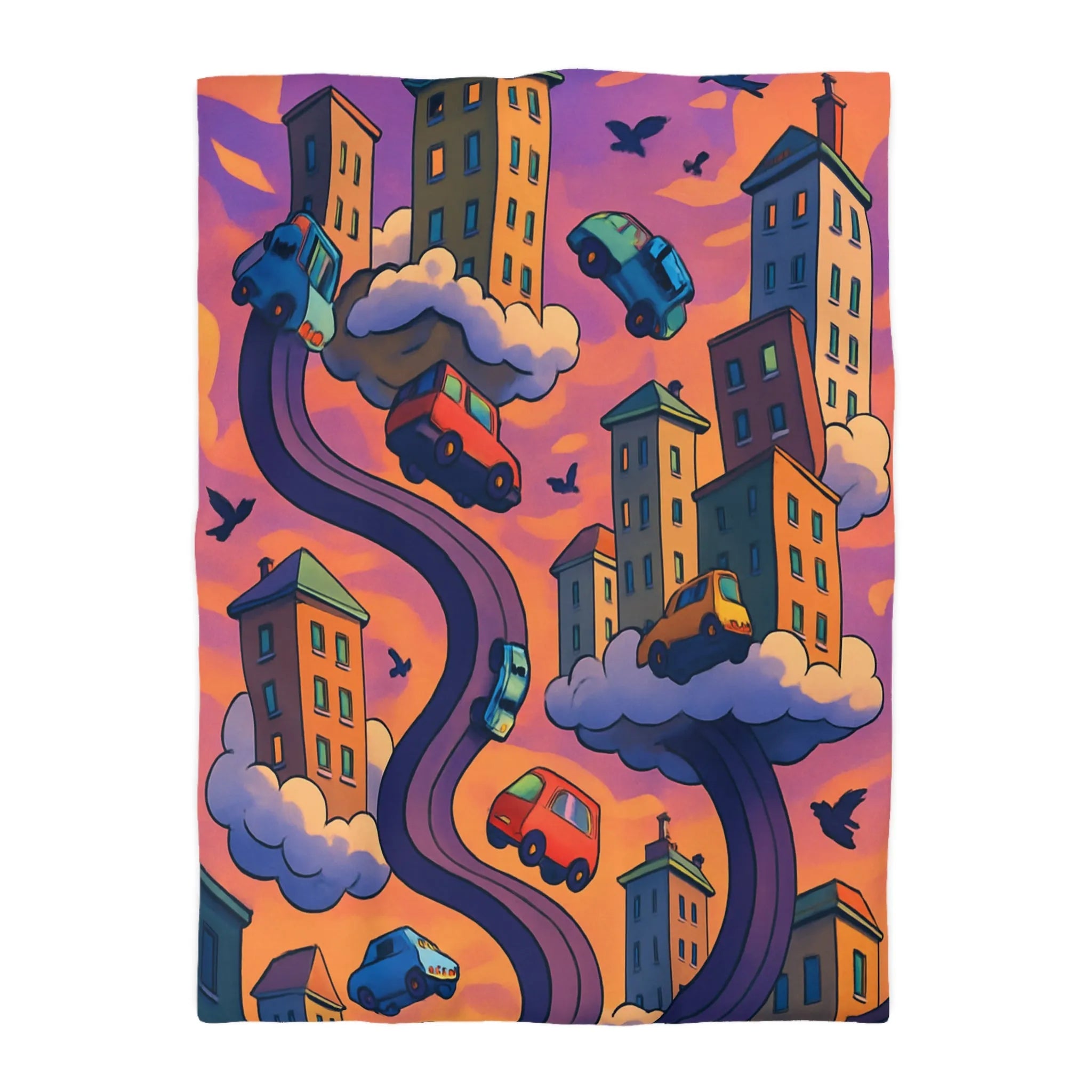 Housse de couette artistique avec voitures volantes et gratte-ciels à l'aube colorée