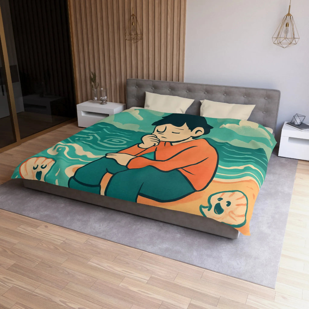 Housse de couette avec illustration rêveuse garçon pensif et coquillages joyeux sur plage