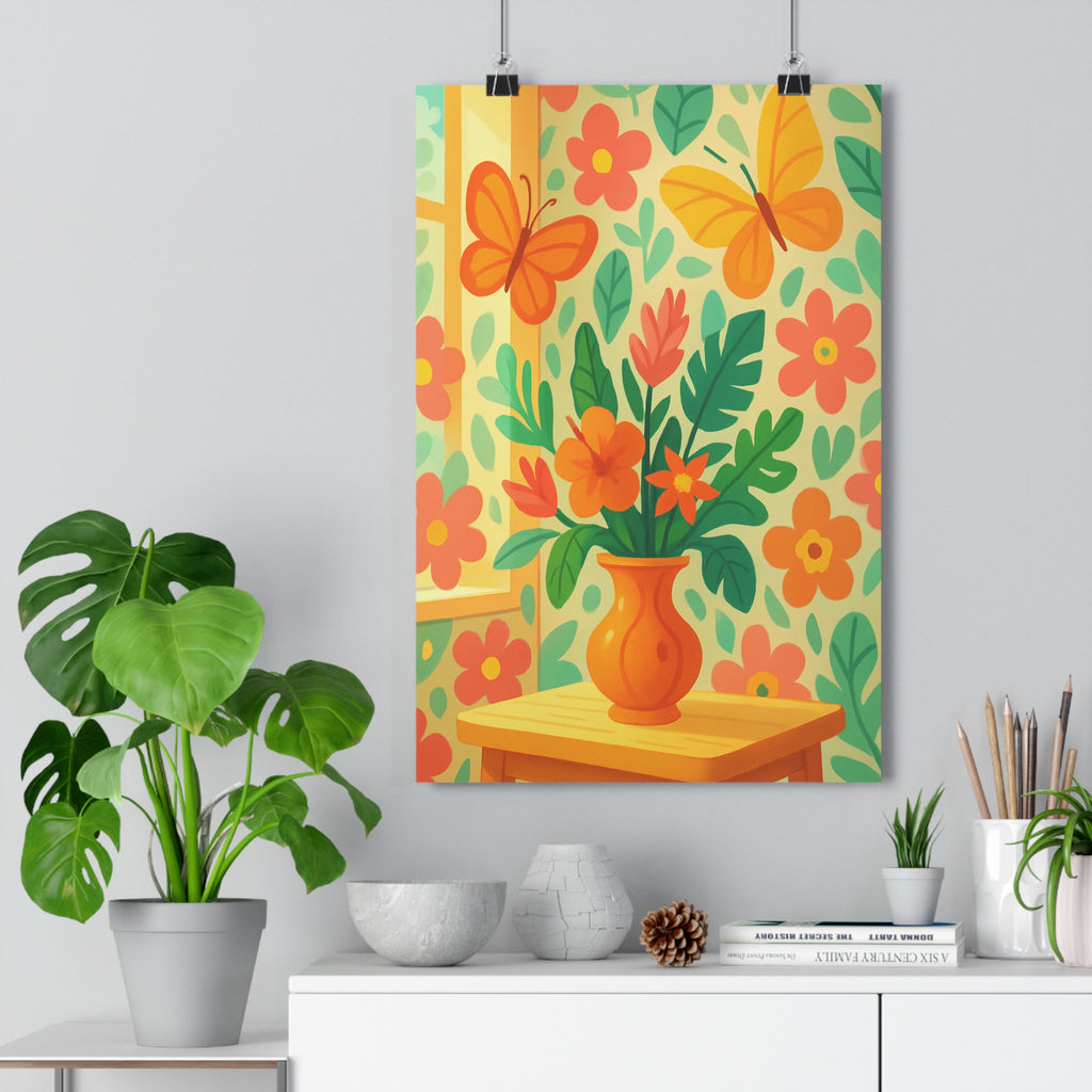 Poster décoratif floral vibrant orange vert cartoon joyeux salon chambre design artistique papillon coloré
