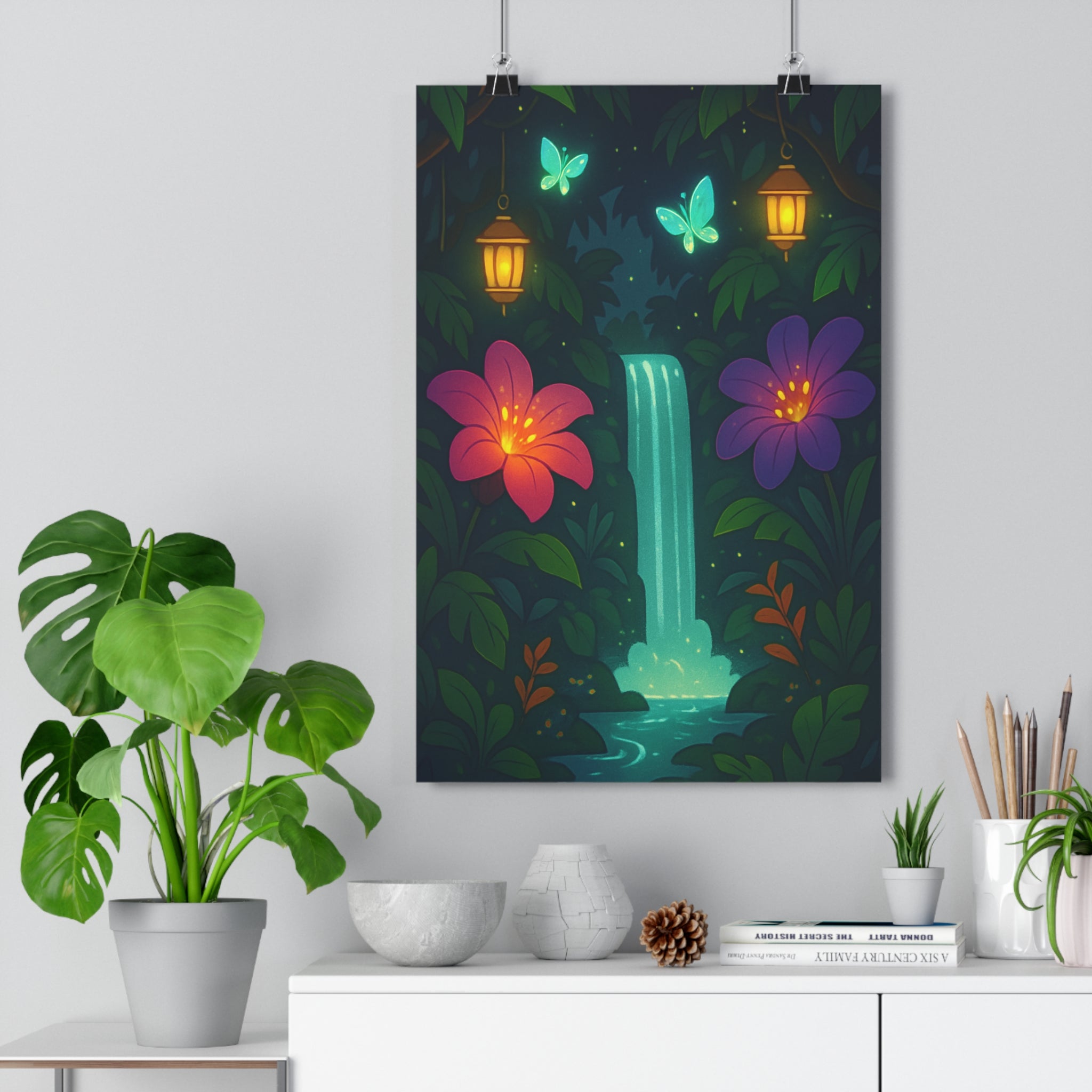 Poster décoratif jungle enchantée vert violet cartoon magique chambre salon cascade papillons ambiance apaisante