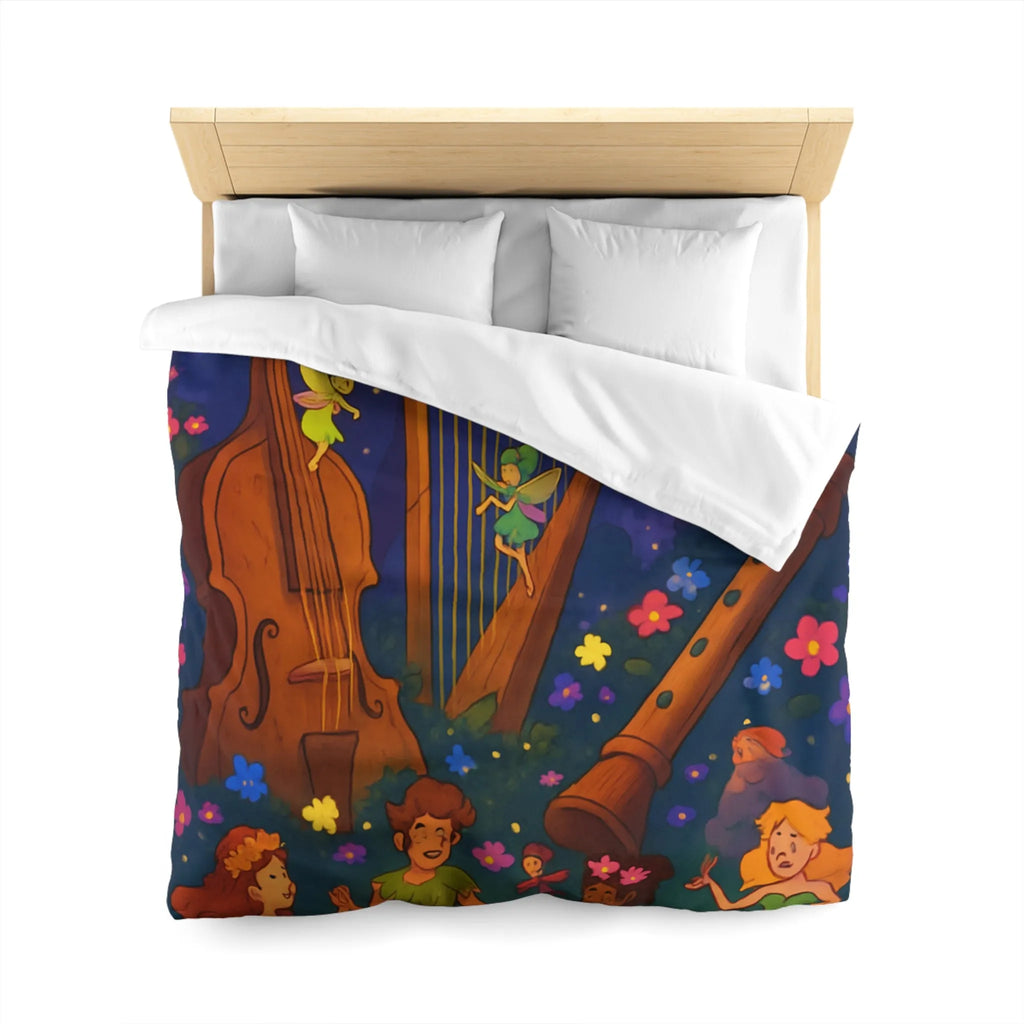 Housse de couette féérique forêt musicale, fées dansant avec fleurs et instruments enchanteurs