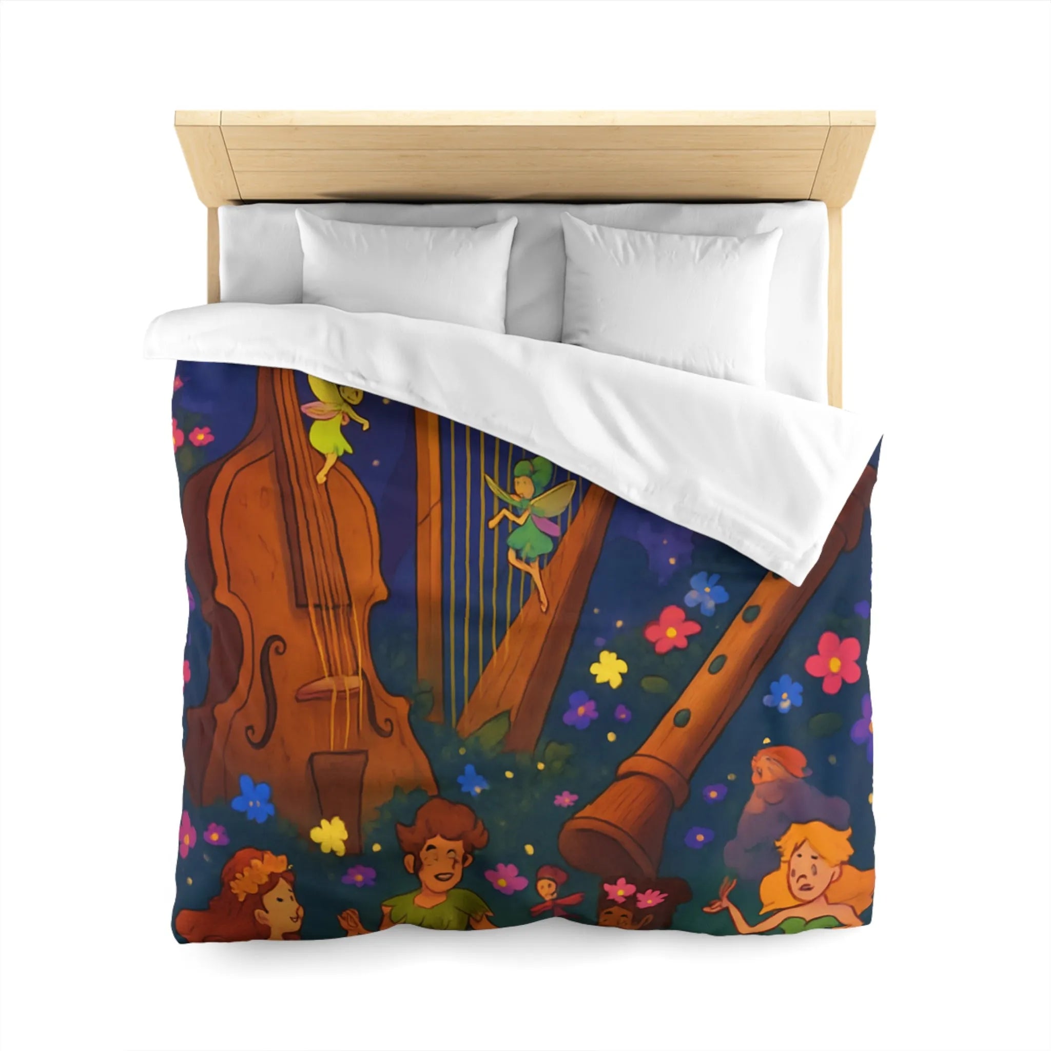 Housse de couette féérique forêt musicale, fées dansant avec fleurs et instruments enchanteurs