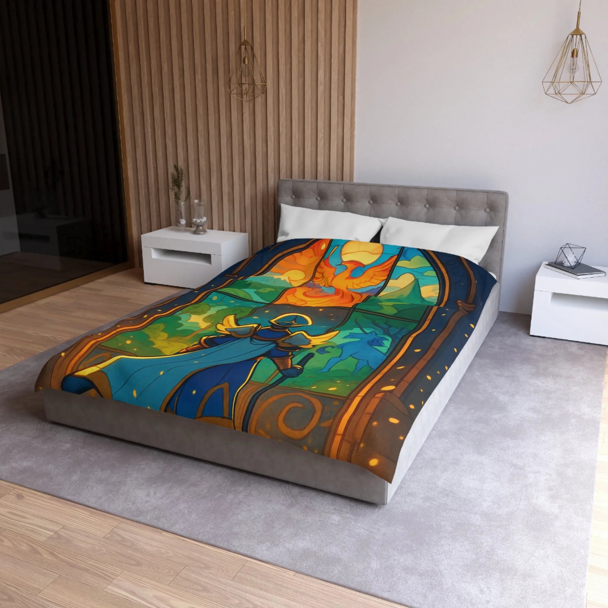 Housse de couette épique avec chevalier, vitraux colorés et ambiance mystique