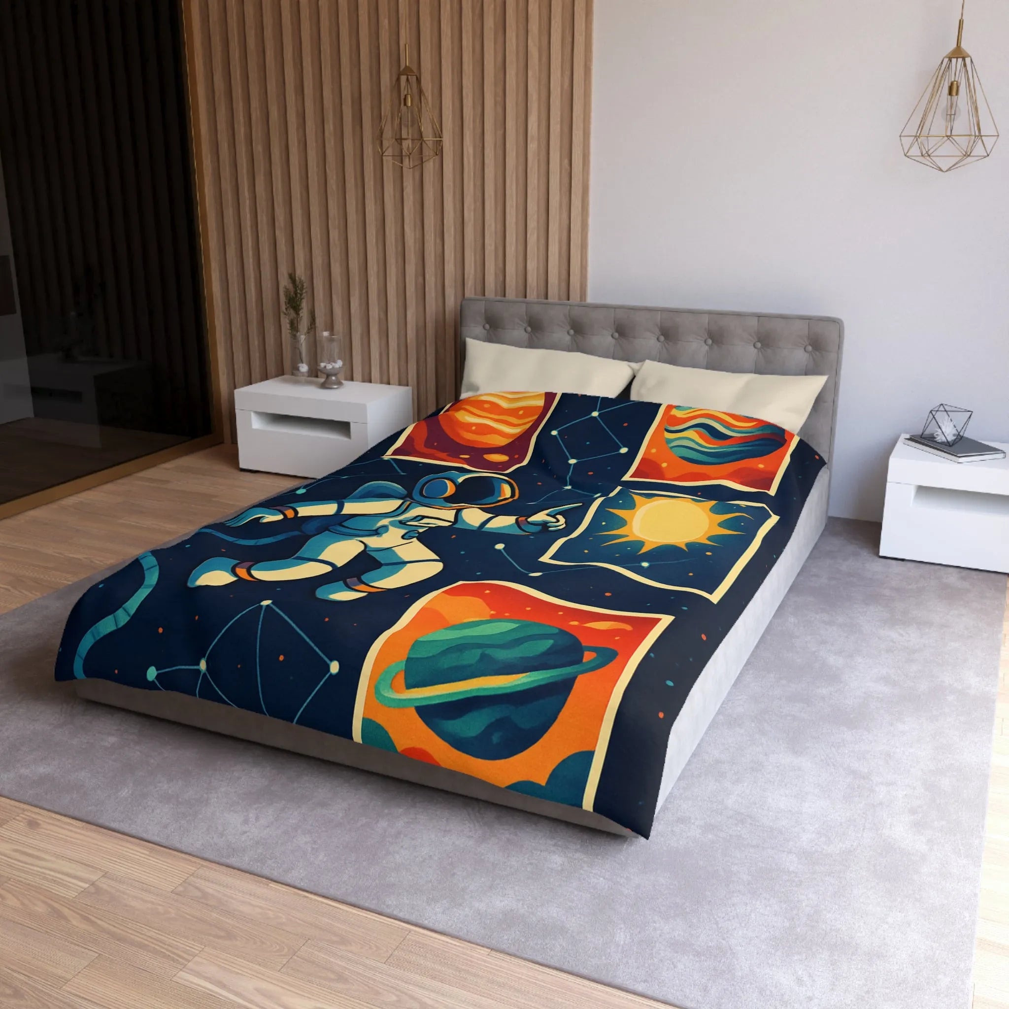 Housse de Couette Espace: Astronaute Flottant parmi Planètes et Constellations, Nuit Étoilée