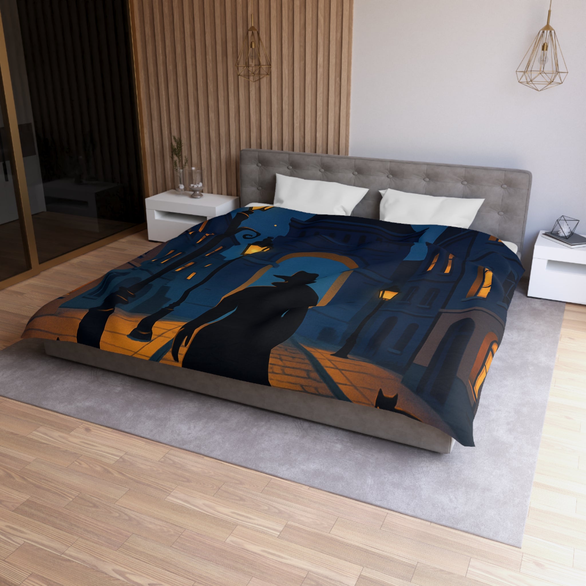 Housse de couette noire mystérieuse, silhouette d'homme avec chats et lampadaires nocturnes
