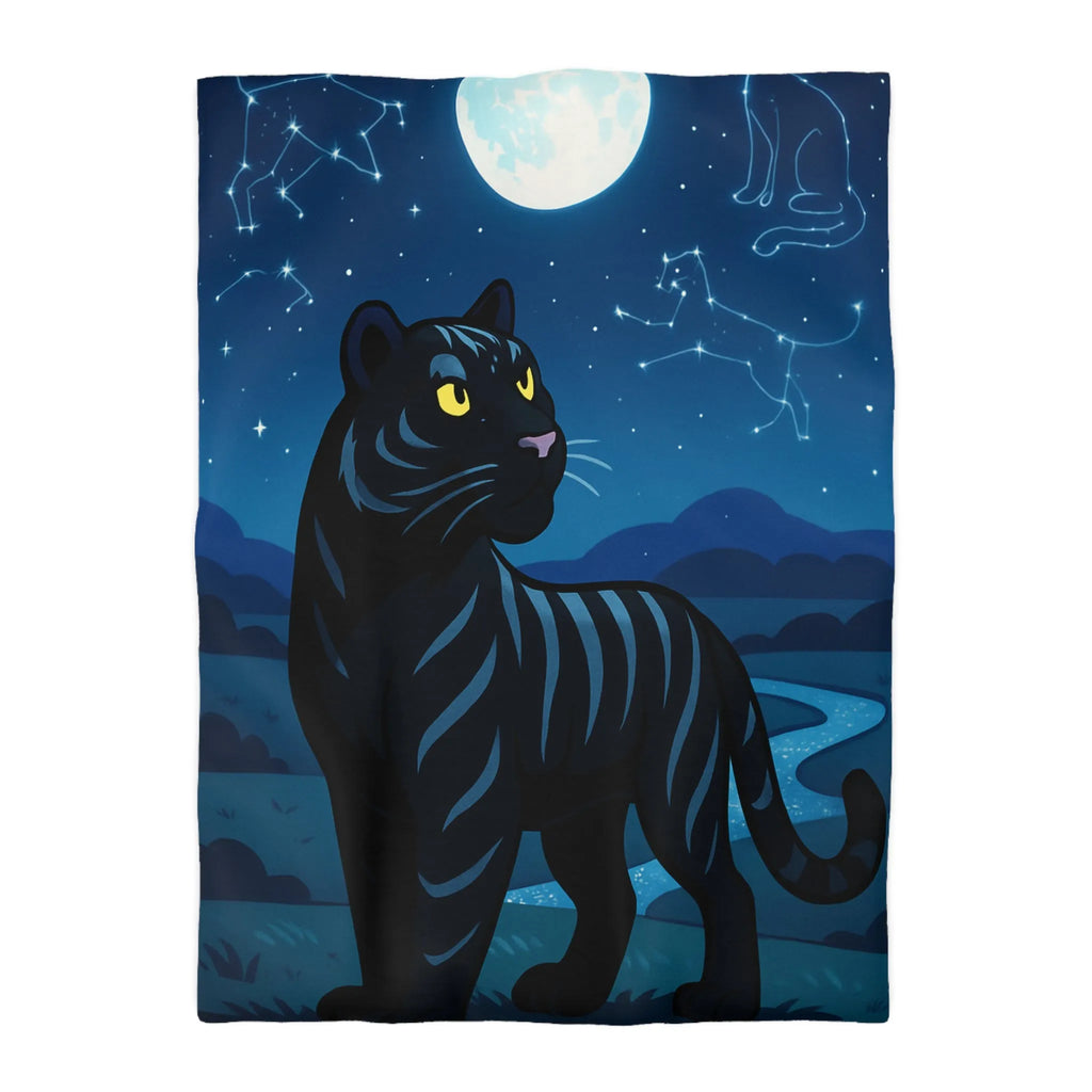 Housse de couette étoilée : Chat noir constellé sous une pleine lune éclatante