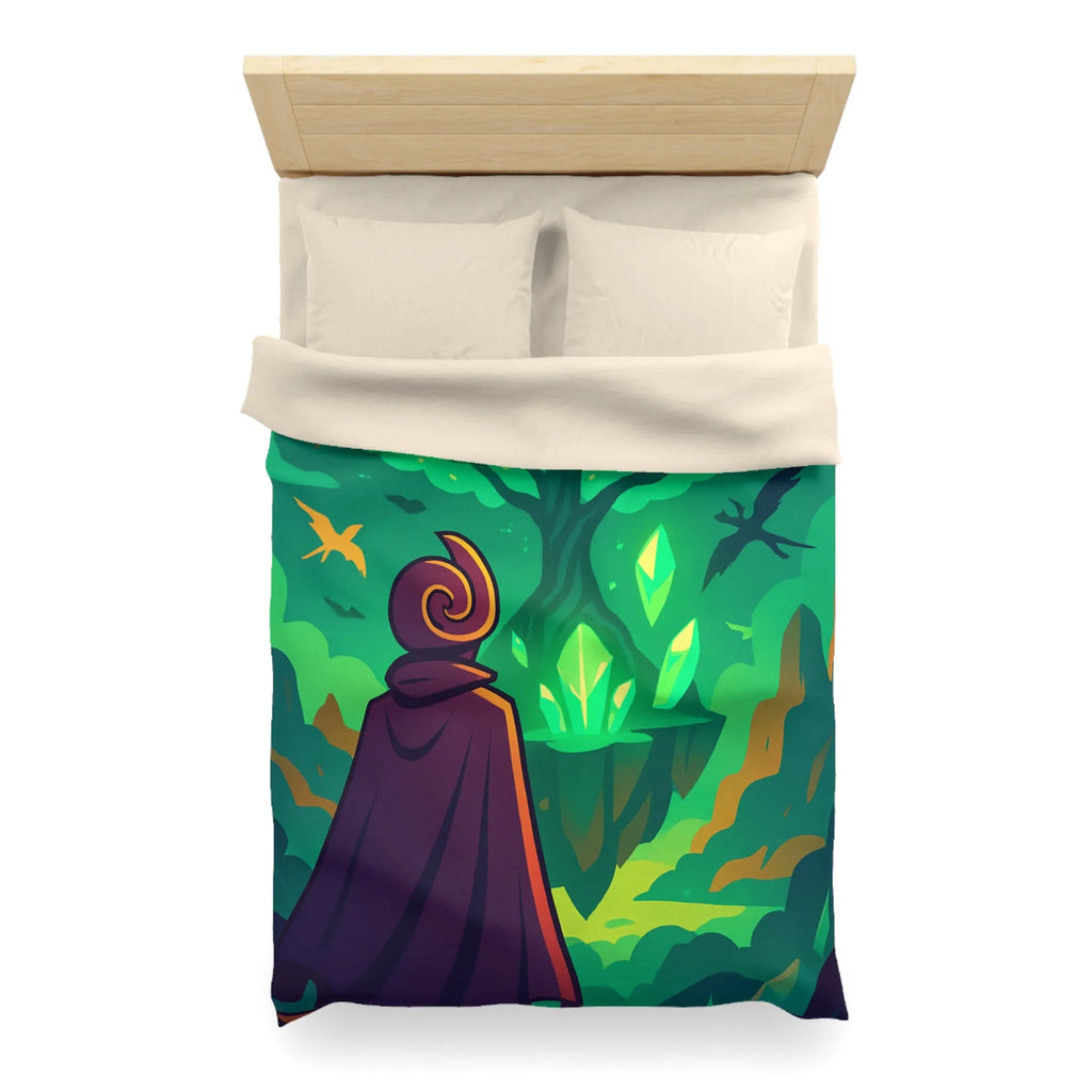 Housse de couette magique avec arbre brillant flottant, créatures volantes et paysages féeriques