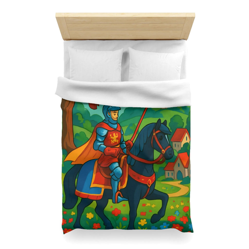 Housse de couette chevalier médiéval illustrée avec château et paysage floral vibrant