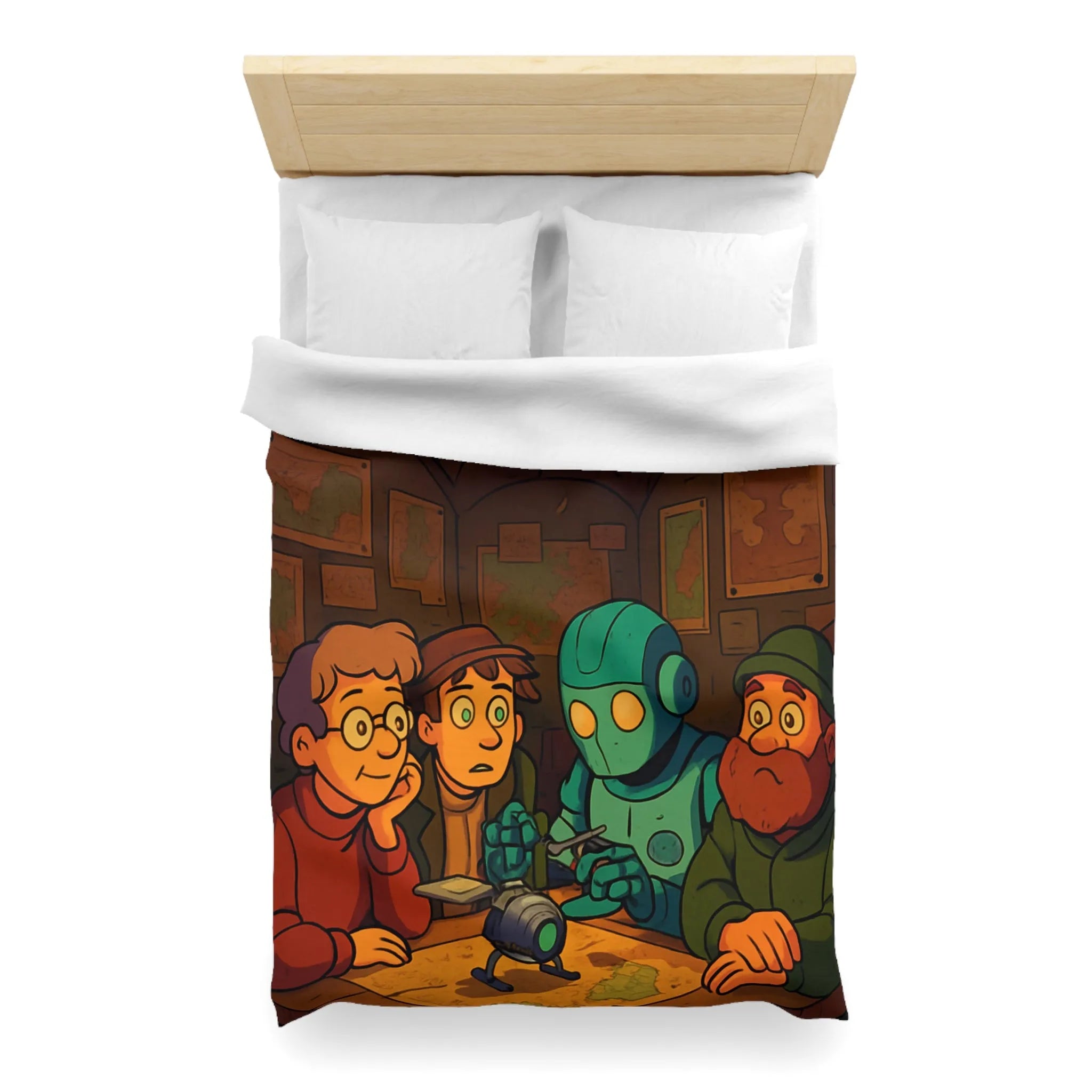 Housse de couette avec scène animée de nuit, stratégie autour de cartes et robot
