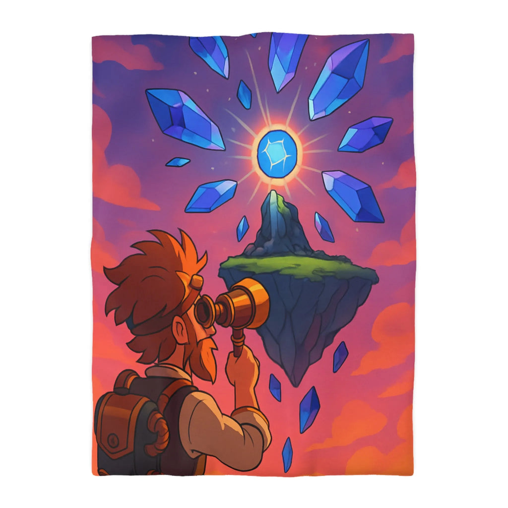 Housse de couette aventure fantastique avec cristaux flottants et scientifique explorateur