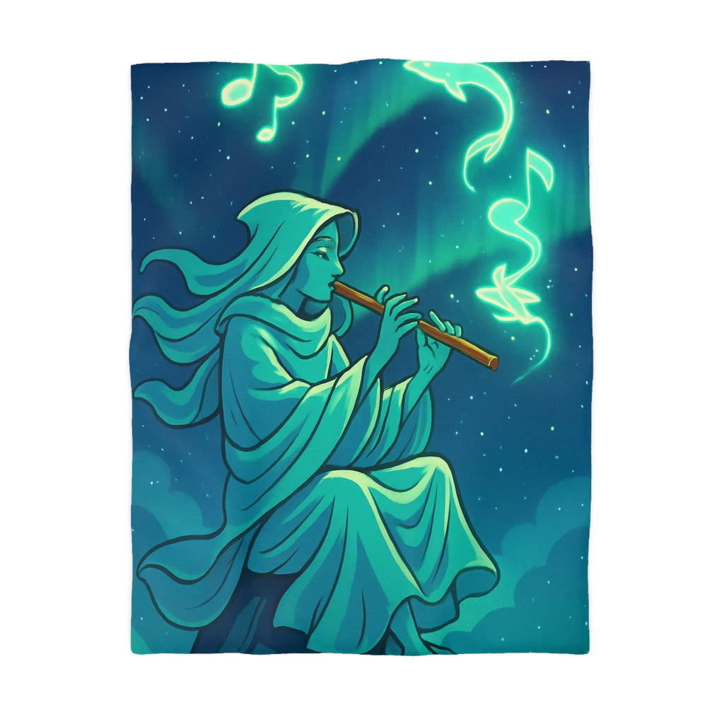 Housse de couette magique avec joueur de flûte créant des formes lumineuses célestes