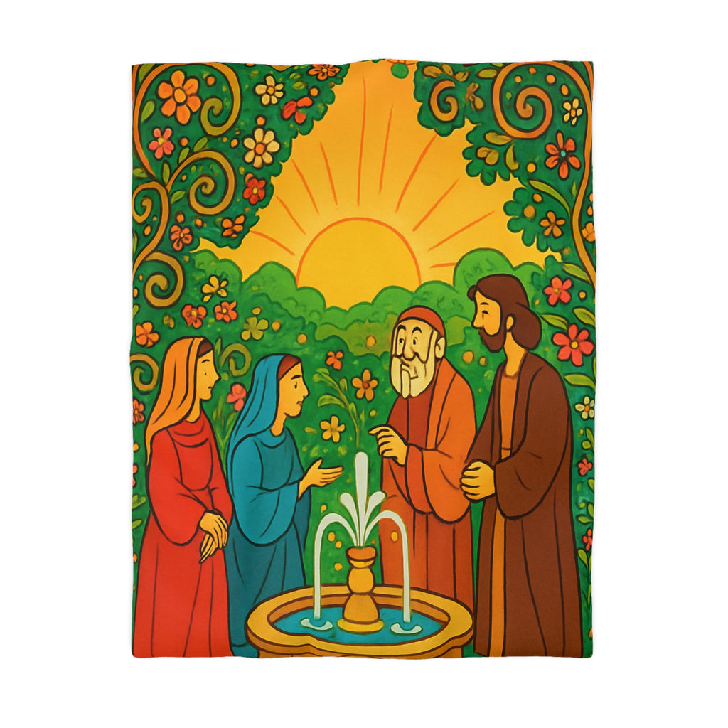 Housse de couette vibrante avec scène florale colorée et figures en discussion harmonieuse