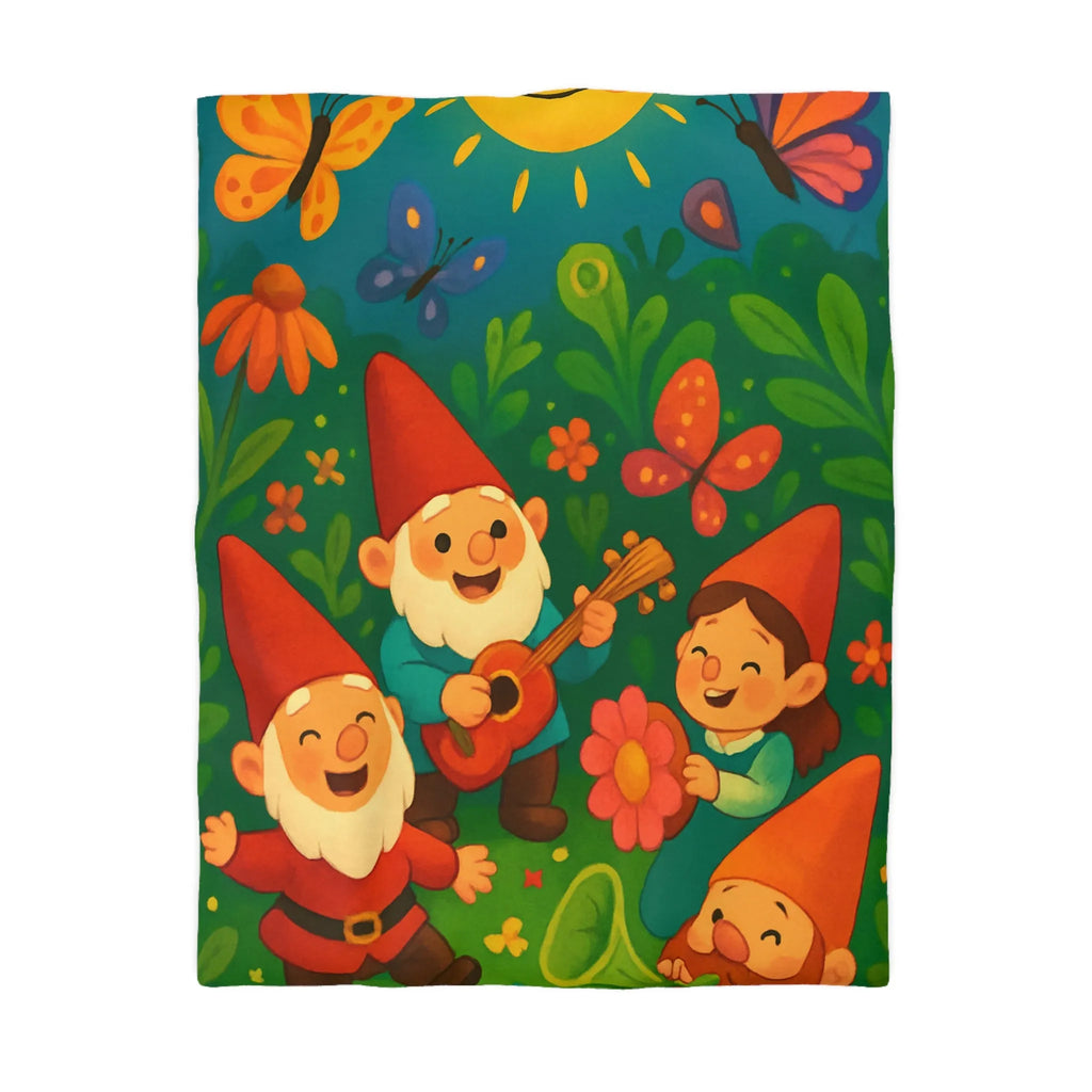 Housse de couette enfant joyeuse aux lutins dans un jardin ensoleillé et fleuri