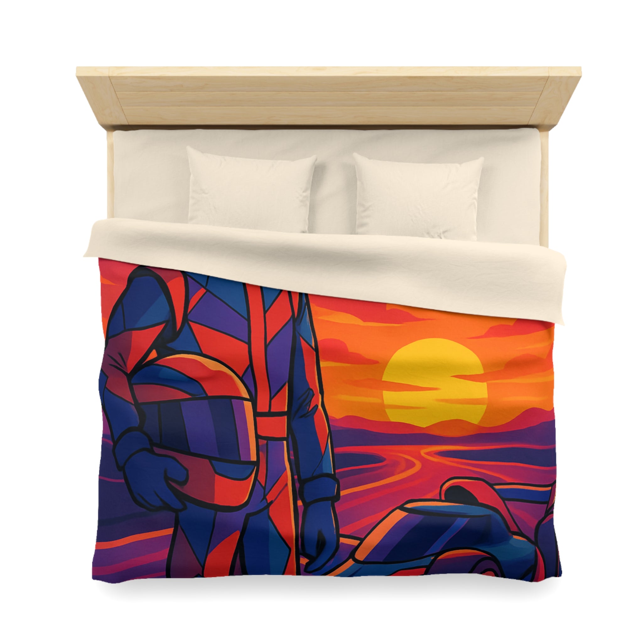 Housse de couette motif pilote de course et voiture au coucher du soleil vibrant