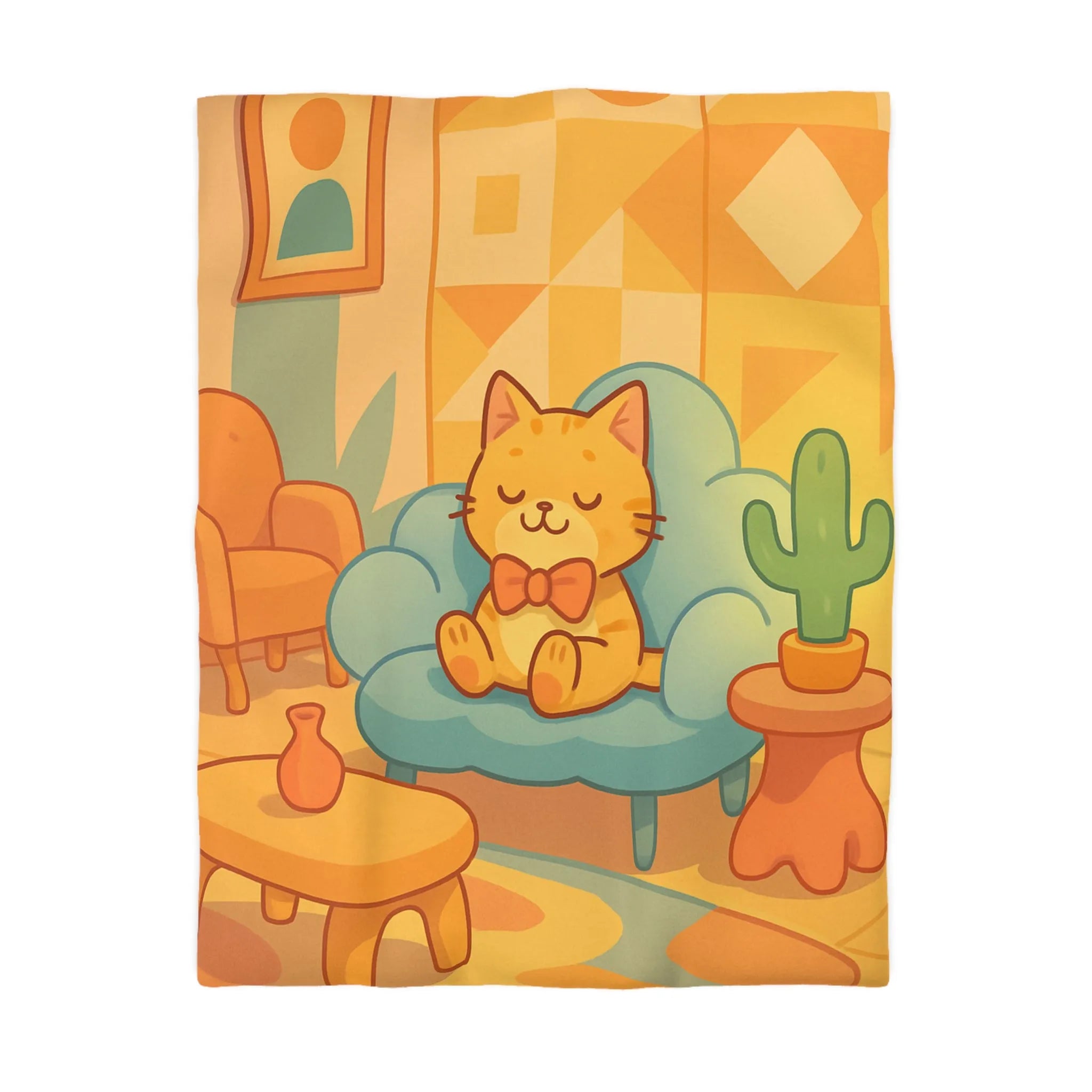 Housse de Couette Douce avec Chat Mignon et Décor Géométrique Moderne en Pastel