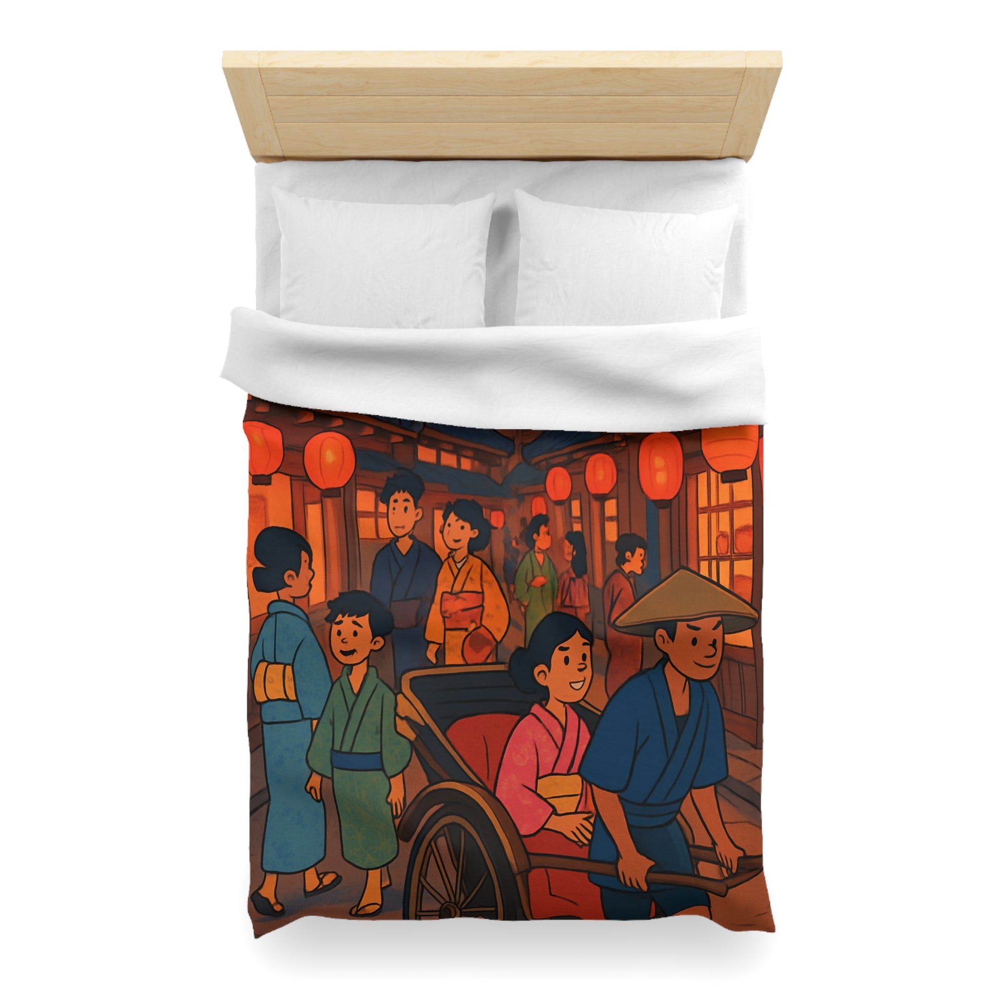 Housse de couette nocturne rouge et jaune avec lanterne et scène japonaise animée