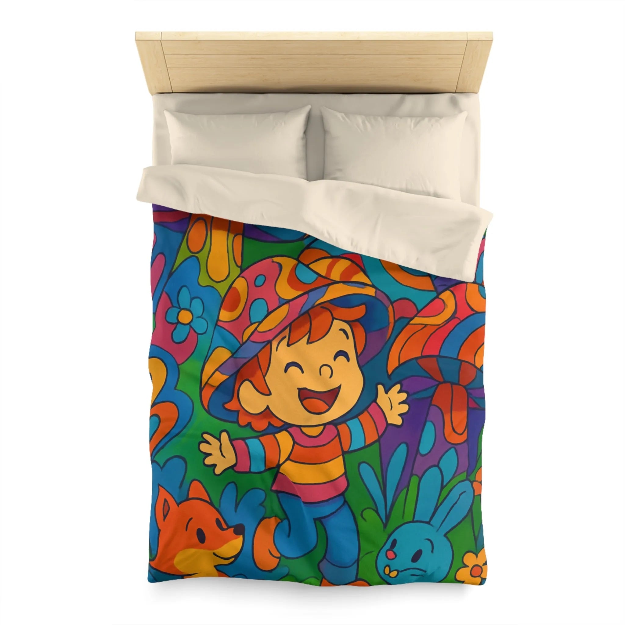 Housse de couette enfant joyeuse avec animaux en forêt style rétro arc-en-ciel