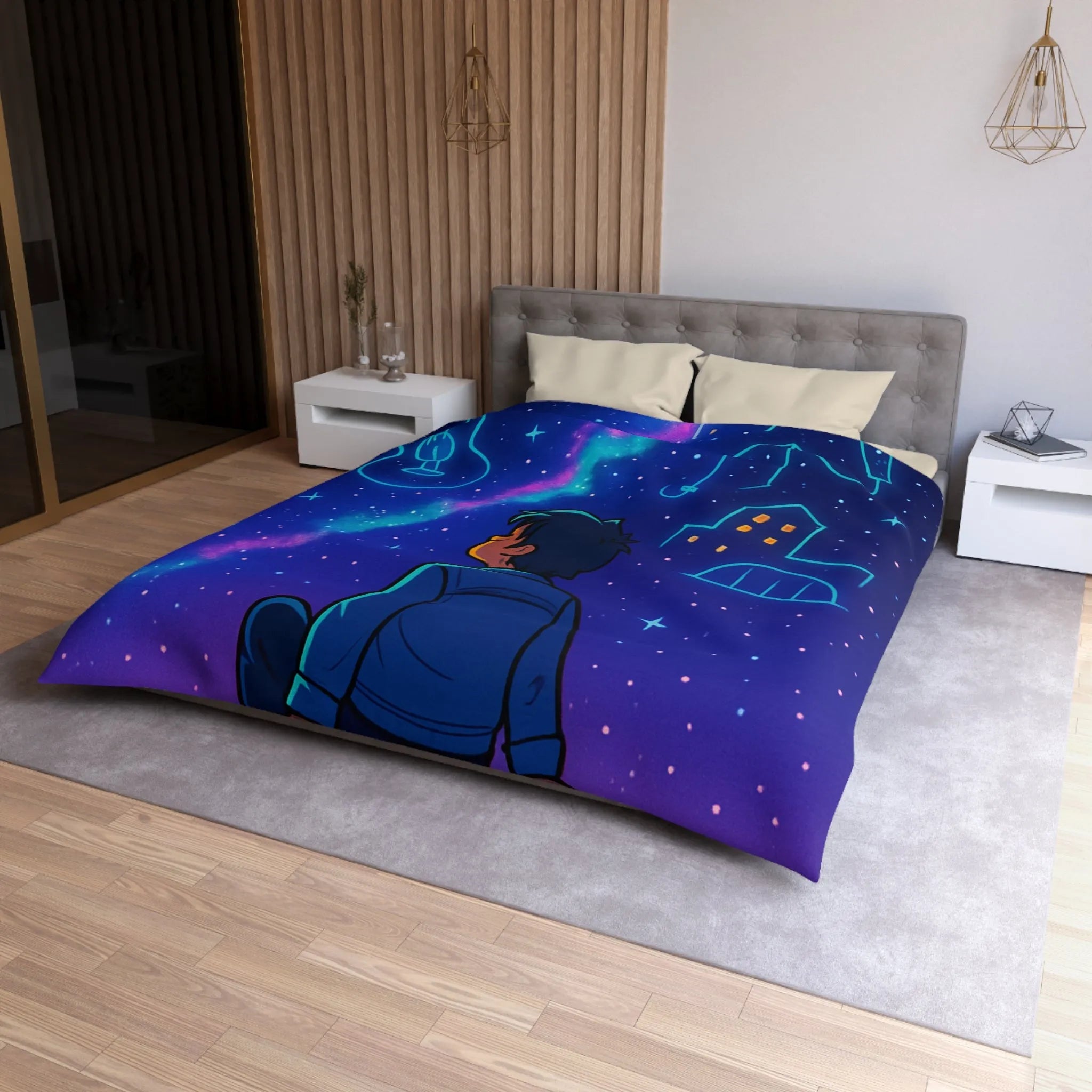 Housse de couette ciel étoilé avec rêveur contemplant silhouettes de musique et ville